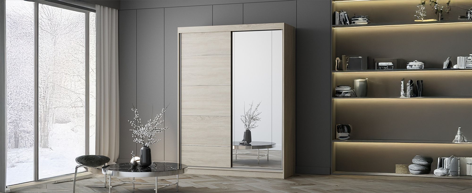 Schwebetürenschrank Kleiderschrank 150 cm Sonoma/Sonoma mit Spiegel - Vista 05