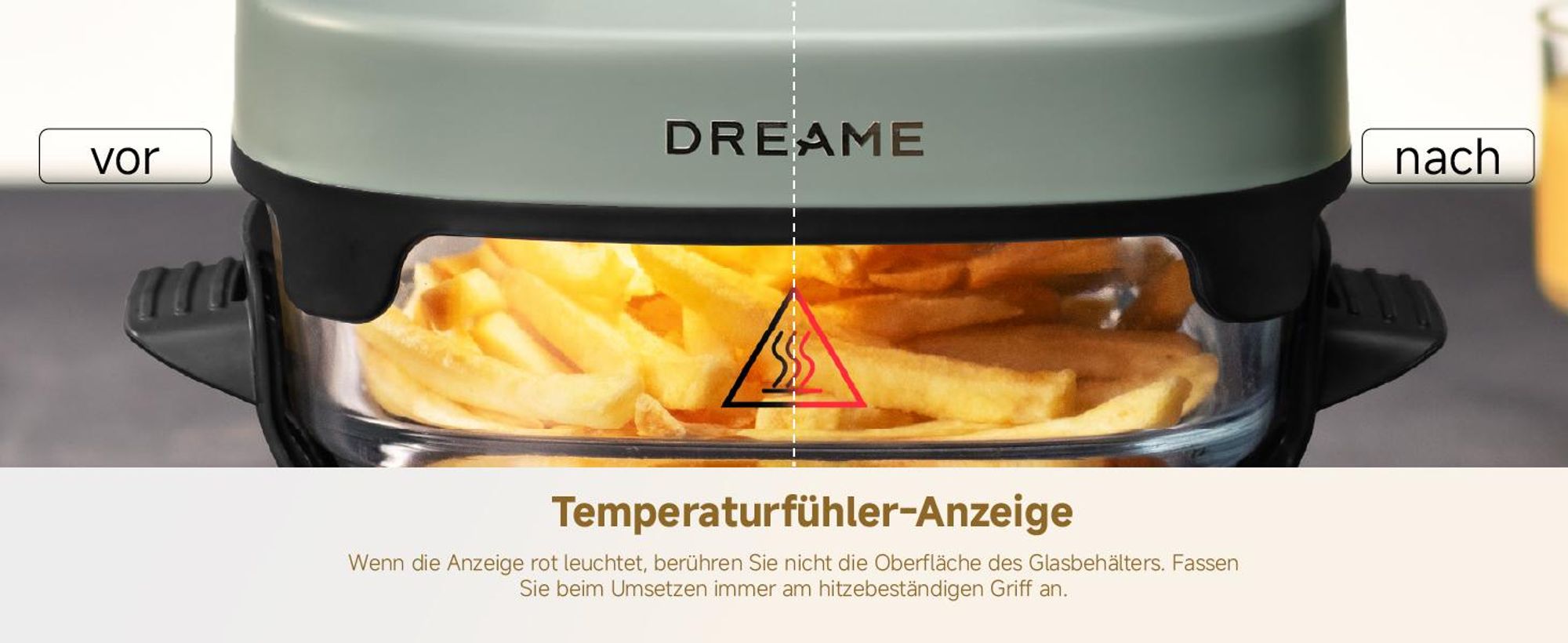 Dreame Tasti AirFryer 5-in-1 Heißluftfritteuse,6mm starkes,tragbares Borosilikatglas,3D-Heißluftzirkulation,spülmaschinenfest,360°Sicht,2.5l+4.5l,Grün