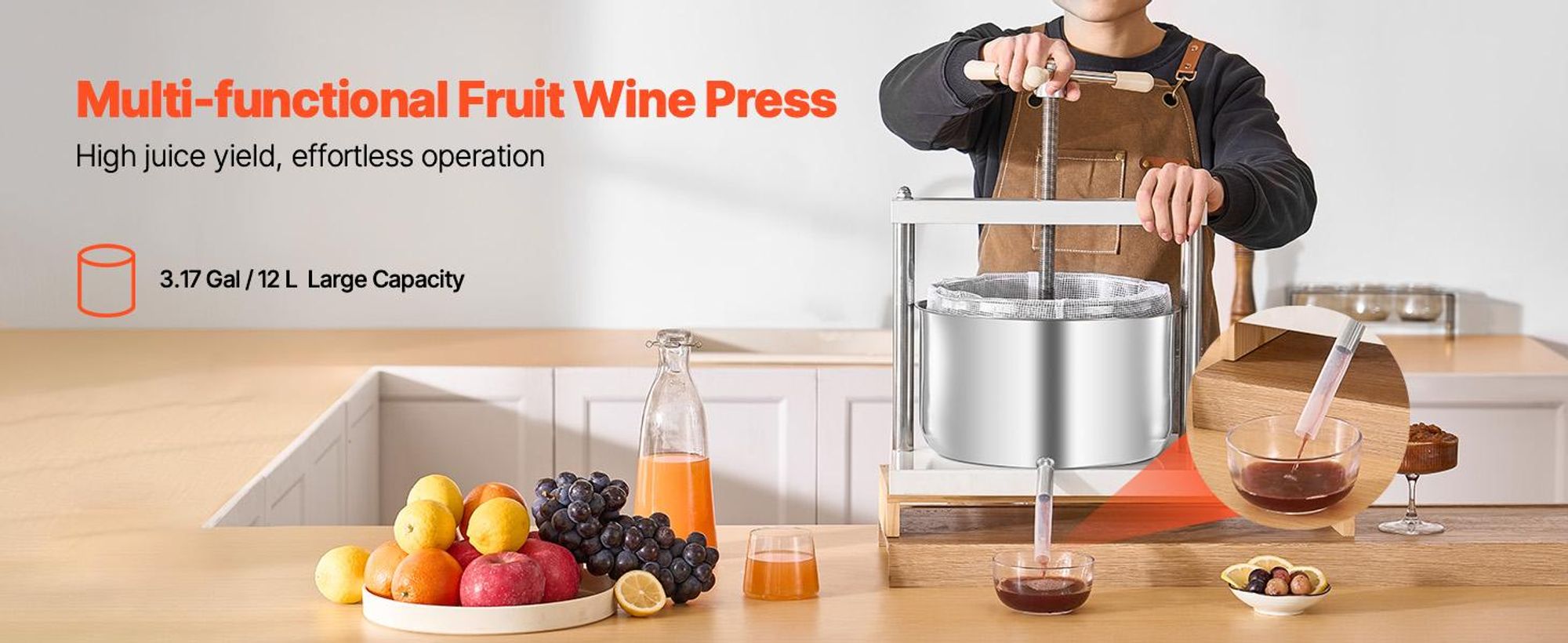VEVOR Obstweinpresse Entsafter Obstmühle (12 L) mit 2 Edelstahlfässer, manueller Entsafter Apfelweinpresse Apfelpresse Traubenpresse
