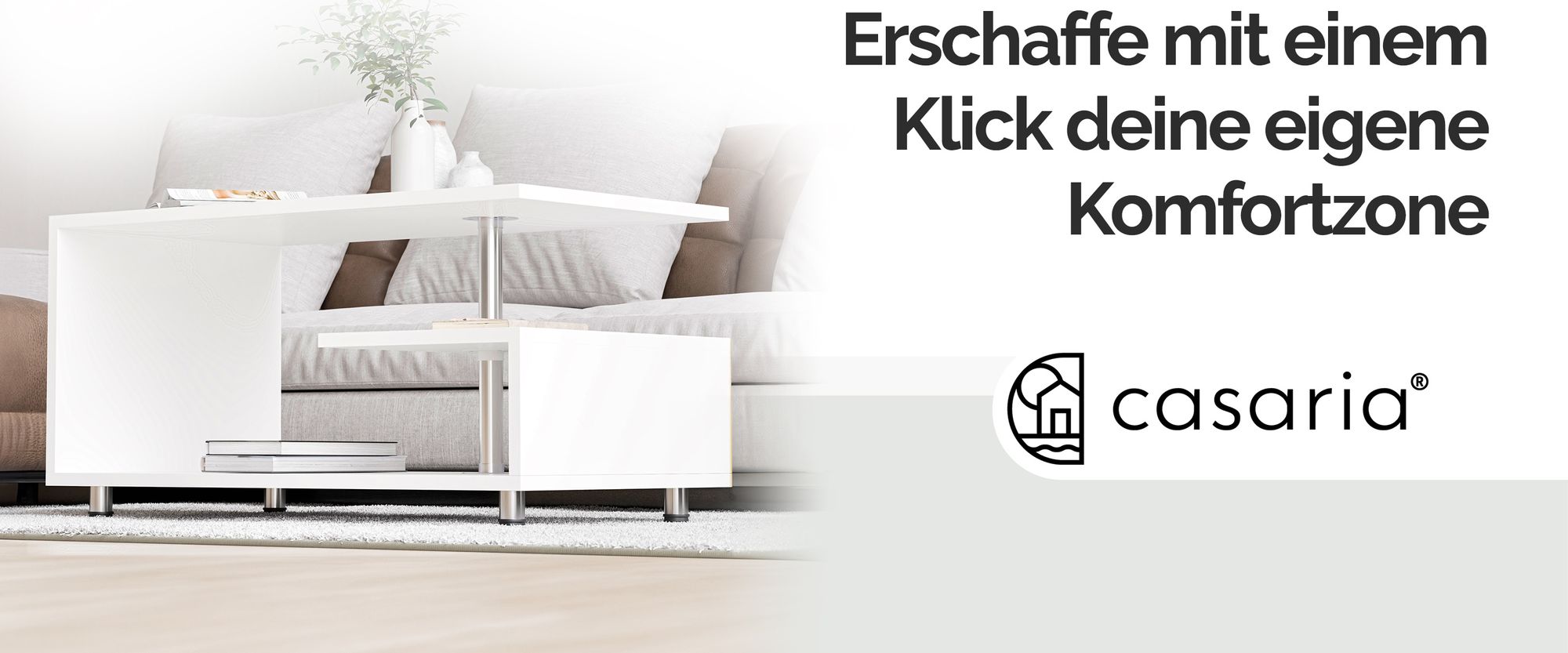 CASARIA® Couchtisch Weiß Holz mit Stauraum 95x55cm Edelstahl Füße Höhenverstellbar Ablage Modern Rechteckig Beistelltisch Wohnzimmer Couch Sofa Tisch