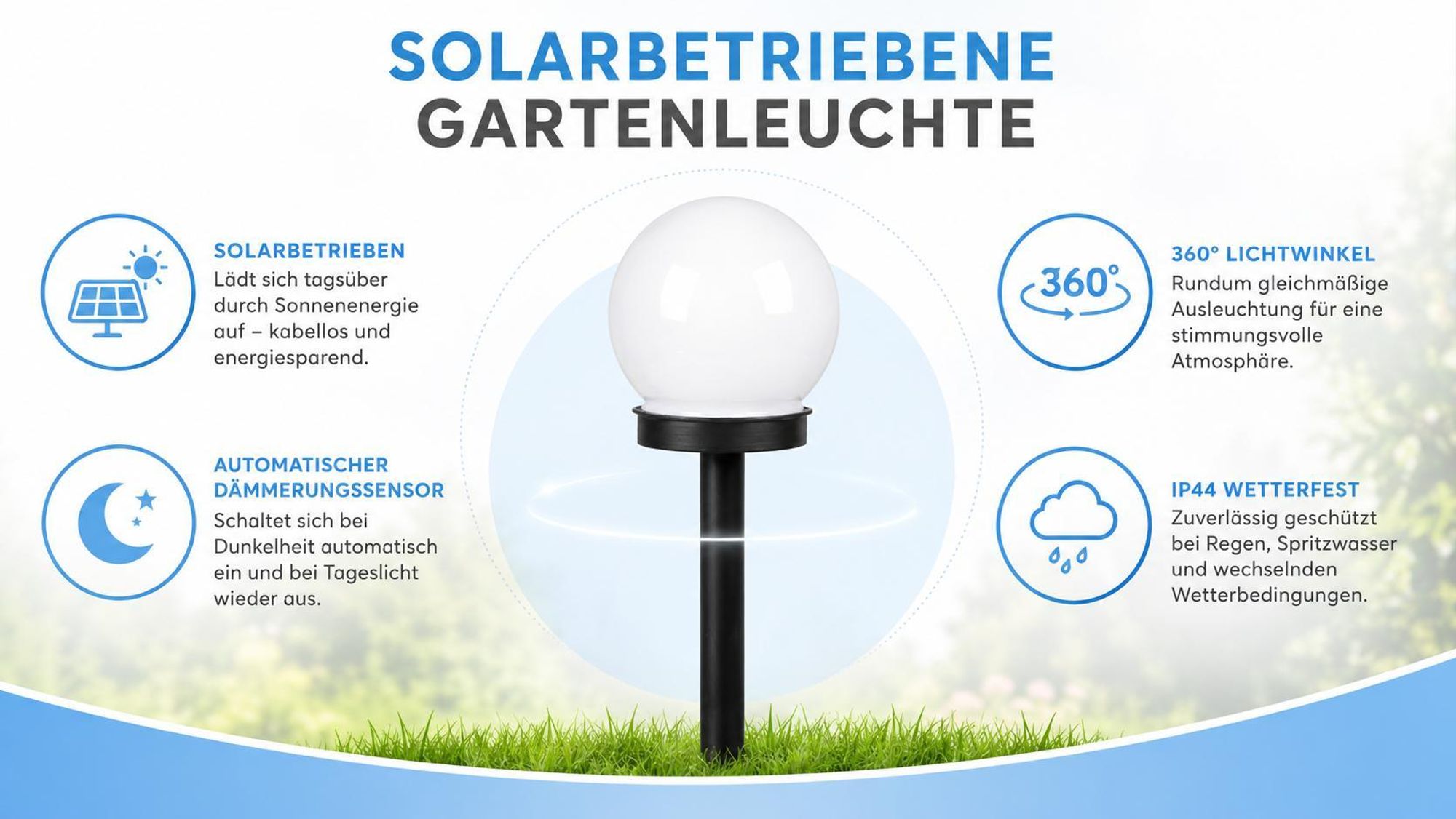 MasterLED Solarleuchte Kugel 10cm - 8er Set Gartenlampen mit Erdspieß - Solarlampe Außen LED Weiß mit Dämmerungssensor IP44