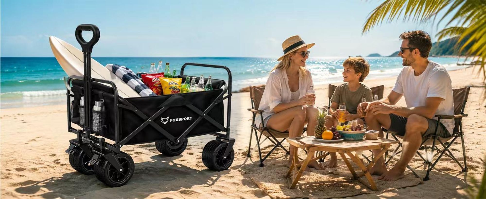 FOXSPORT Bollerwagen Faltbar, Handwagen bis 100kg belastbar, mit verstellbarer Griff, Gartenwagen für Strand, Garten, Einkäufe, 94 x 58 x 59CM,Schwarz
