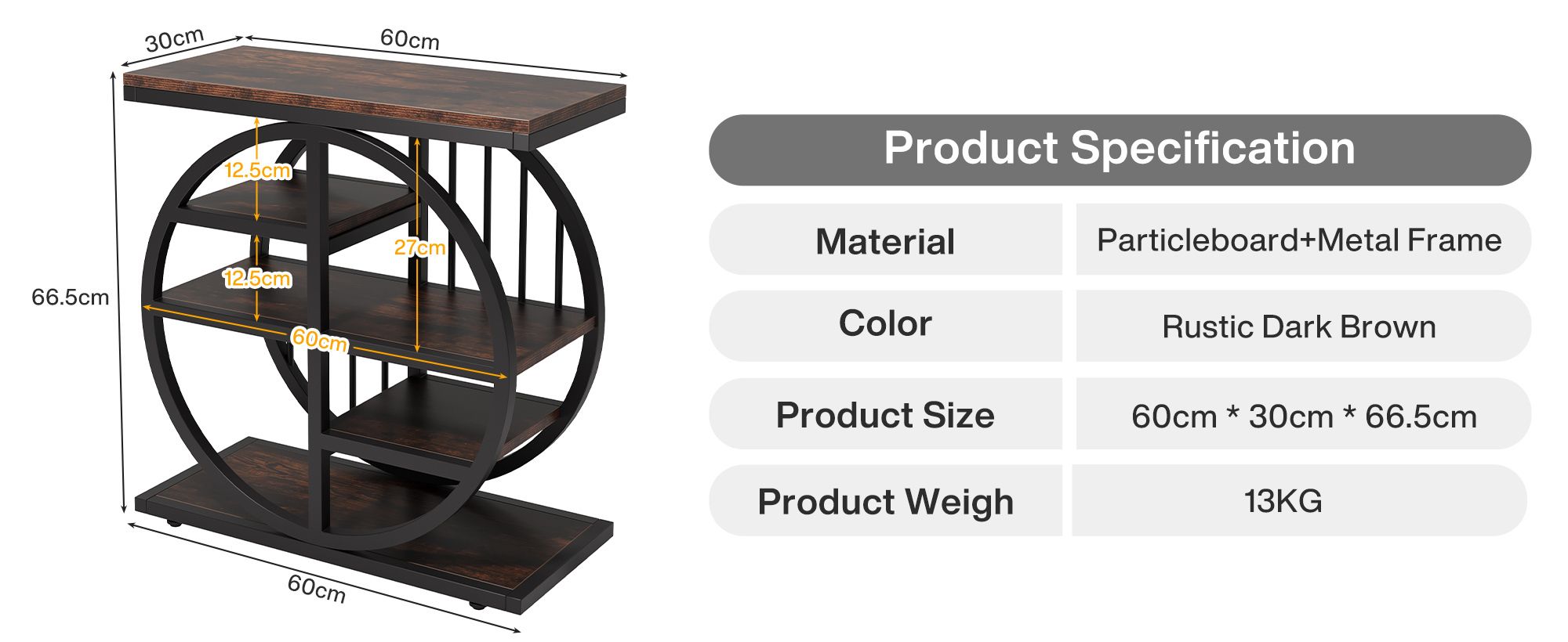 Tribesigns 5-Tier Beistelltisch Schmaler Holz, 60 x 30 cm Couchtisch Sofatisch mit Metallrahmen, Industrielle Beistelltisch Nachttisch für Wohnzimmer