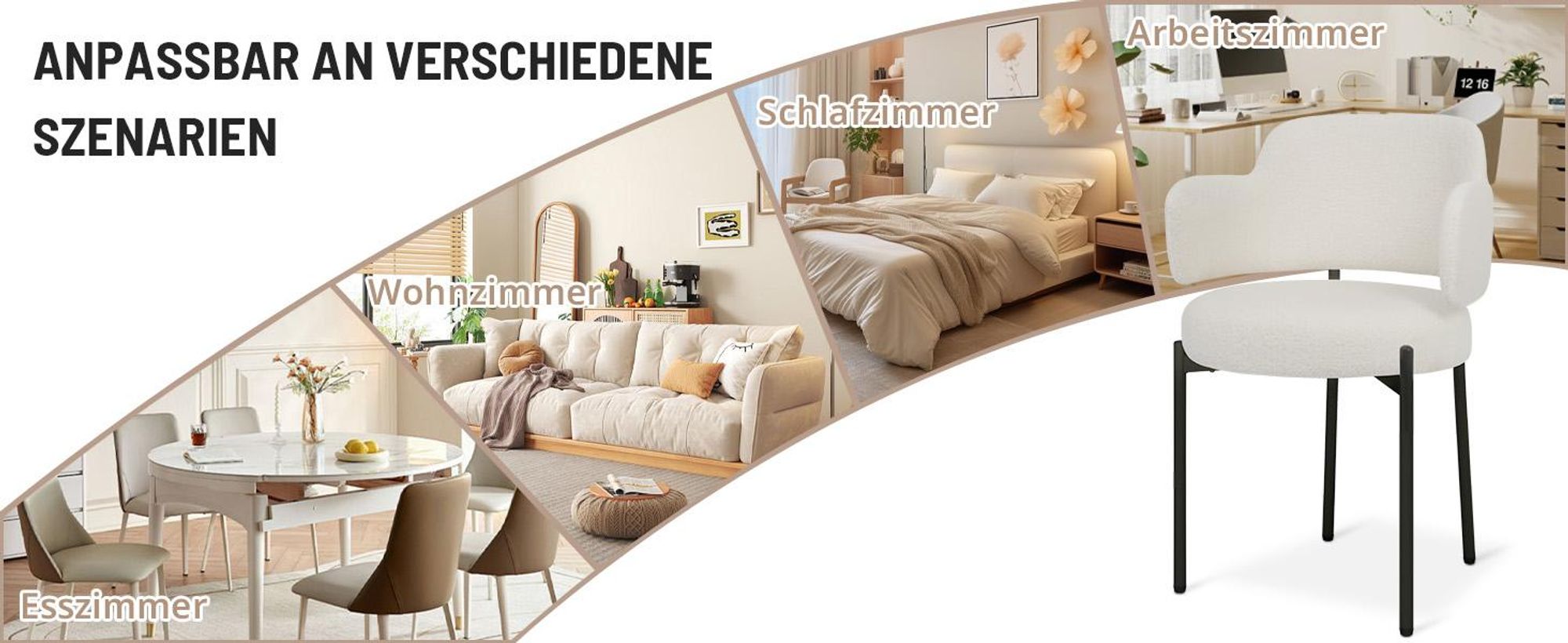 Puluomis Esszimmerstühle 4er Set Küchenstühle Küchenstühle Polsterstuhl mit gebogene Rücklehne und Armlehne, Boucle weiß