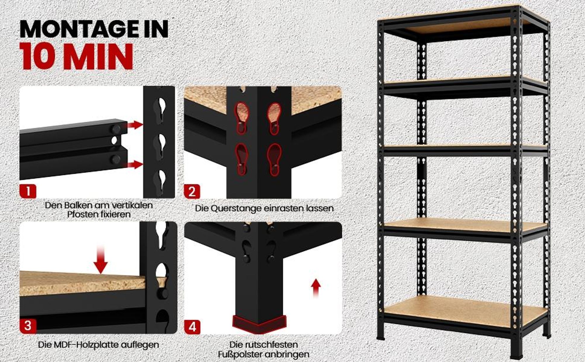 Yaheetech Schwerlastregal 150x70x30cm, max. 560 kg, 5 höhenverstellbare MDF-Böden, Lagerregal, Schwarz