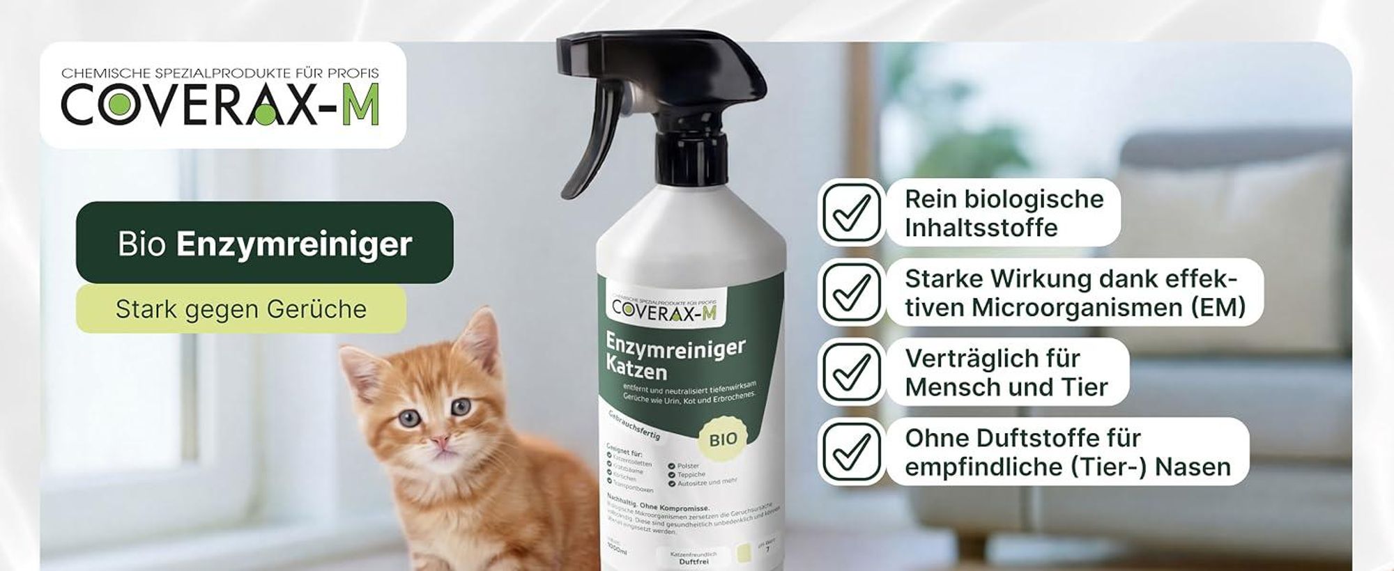Enzymreiniger für Katzen von Coverax-M mit Produktvorteilen und niedlichem Kätzchen.
