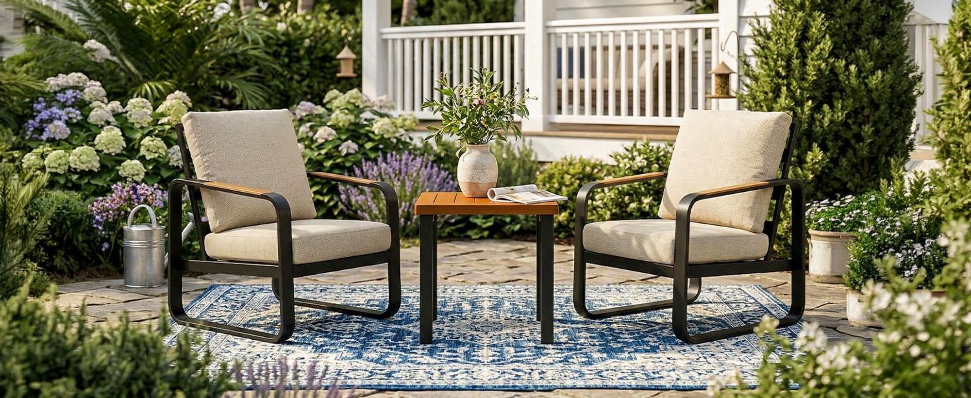 Tribesigns Gartensofa für den Außenbereich mit Kissen, Balkonstühle schwarzem Aluminiumgestell, Gartenstühle Gartensessel mit Armlehnen aus Holz (2)