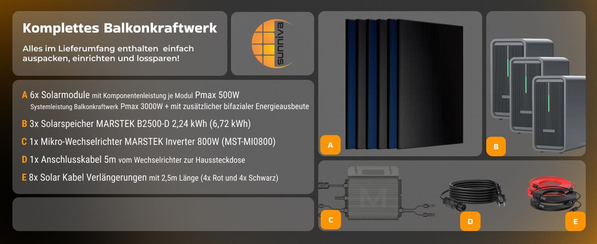 SUNNIVA® 3000W Balkonkraftwerk mit 6,72 kWh Speicher MARSTEK 3x B2500-D, 6x 500W BIFAZIAL FULLBLACK komplett Steckdose, PV Solaranlage + Solarspeicher