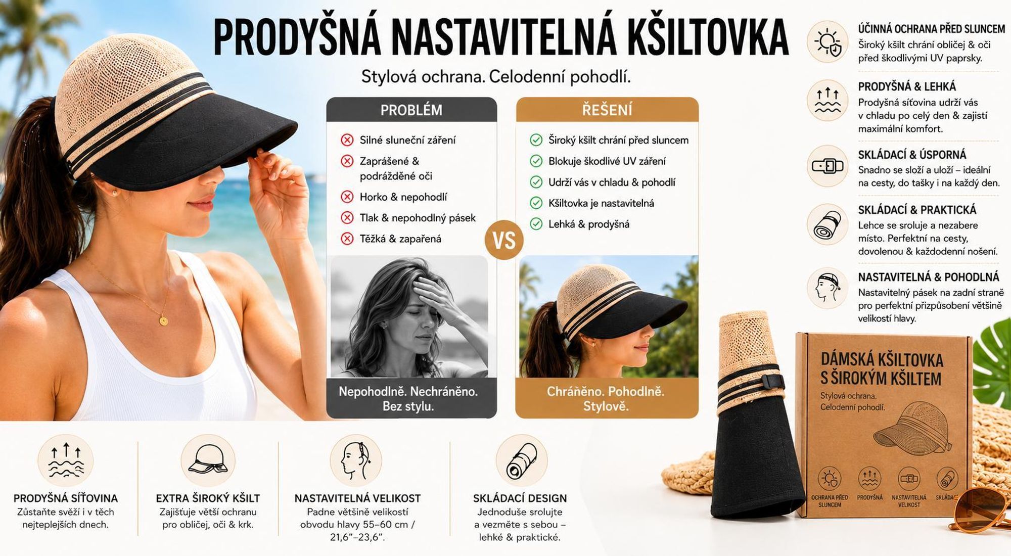 Nastavitelný dámský sluneční klobouk 55–60 cm, prodyšný letní klobouk pro ženy, kšiltovka – SUNIHAT Khaki