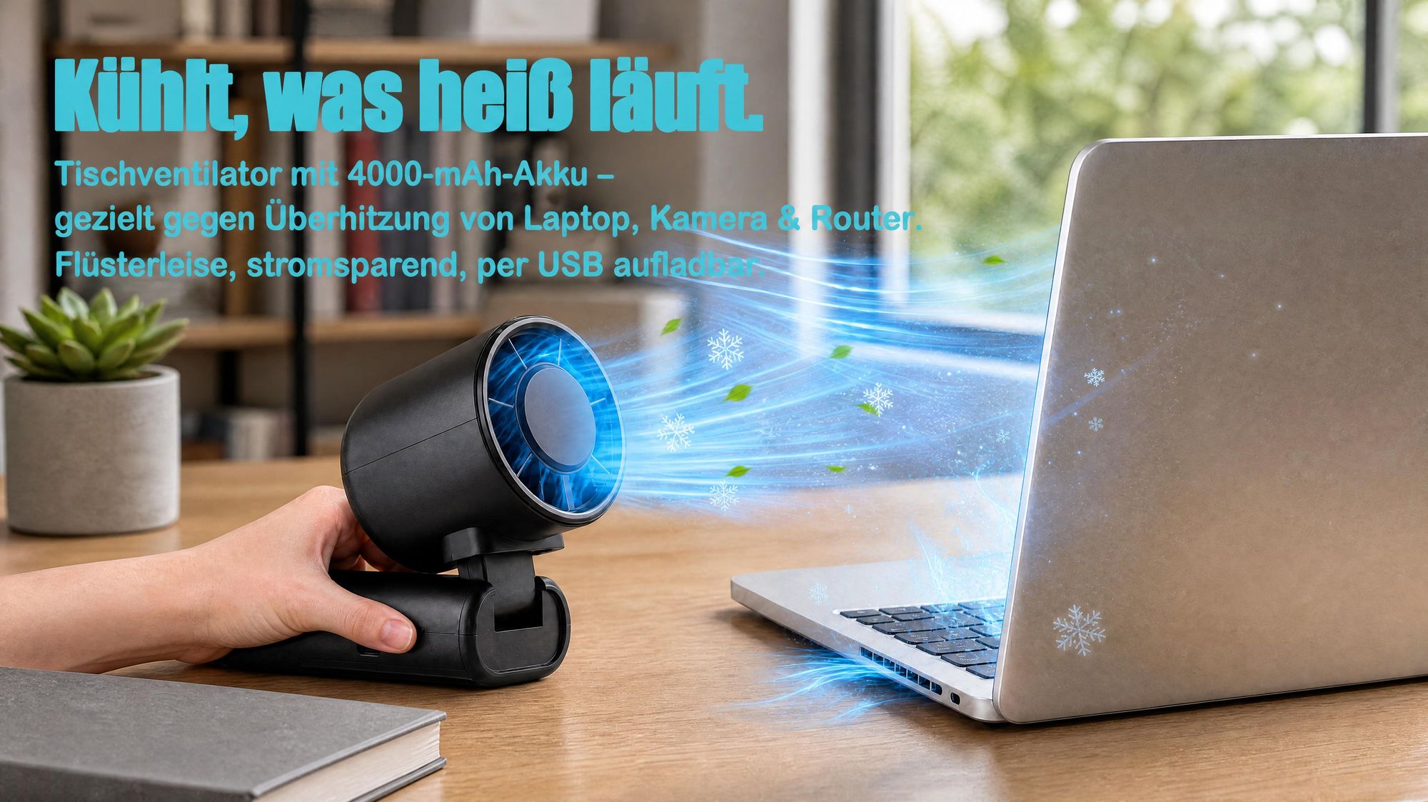 Tragbarer Handventilatoren USB, Faltbar Mini Ventilator Leise mit 4000 mAh Akku bis 16 Std. Laufzeit, LED-Display, 1-199 Geschwindigkeitsstufen