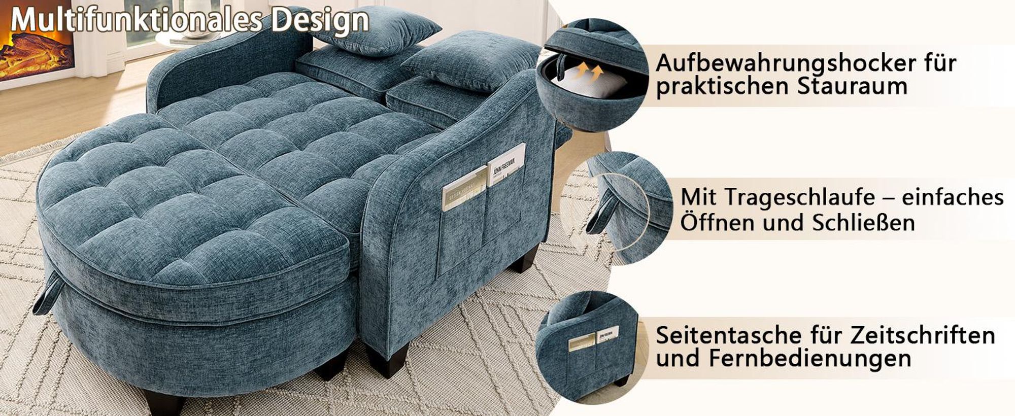 MODFU Multifunktionales Sofa Schlafsofa mit Aufbewahrungs-Hocker,Relaxsofa mit rutschfeste Kunststoffbeine,Blau