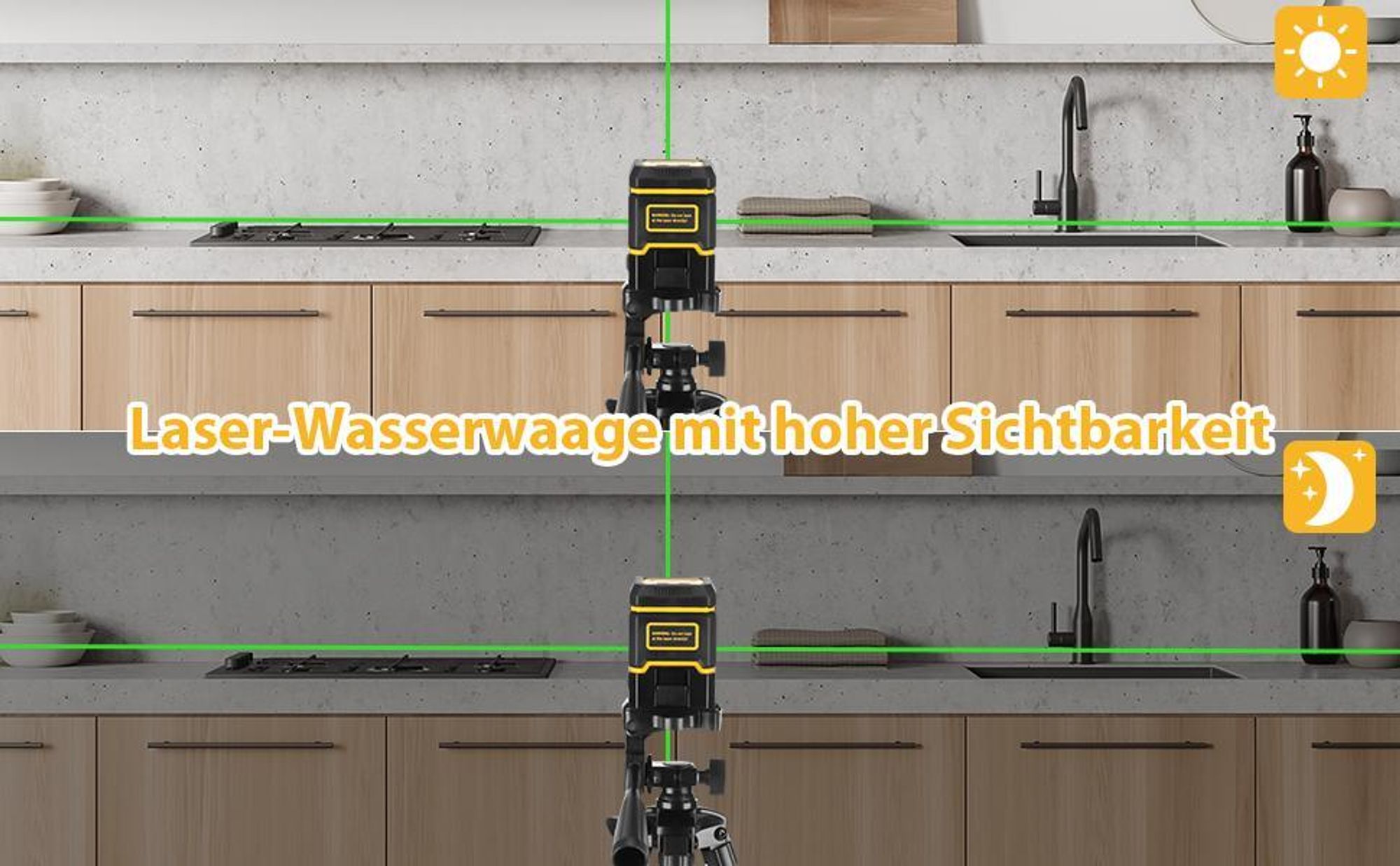 Laser Wasserwaage, Kreuzlinienlaser Grün mit Stativ, Selbstnivellierend Linienlaser bis 24m, 3 Helligkeitsstufen, IP54 Innen Außen, Heimwerker