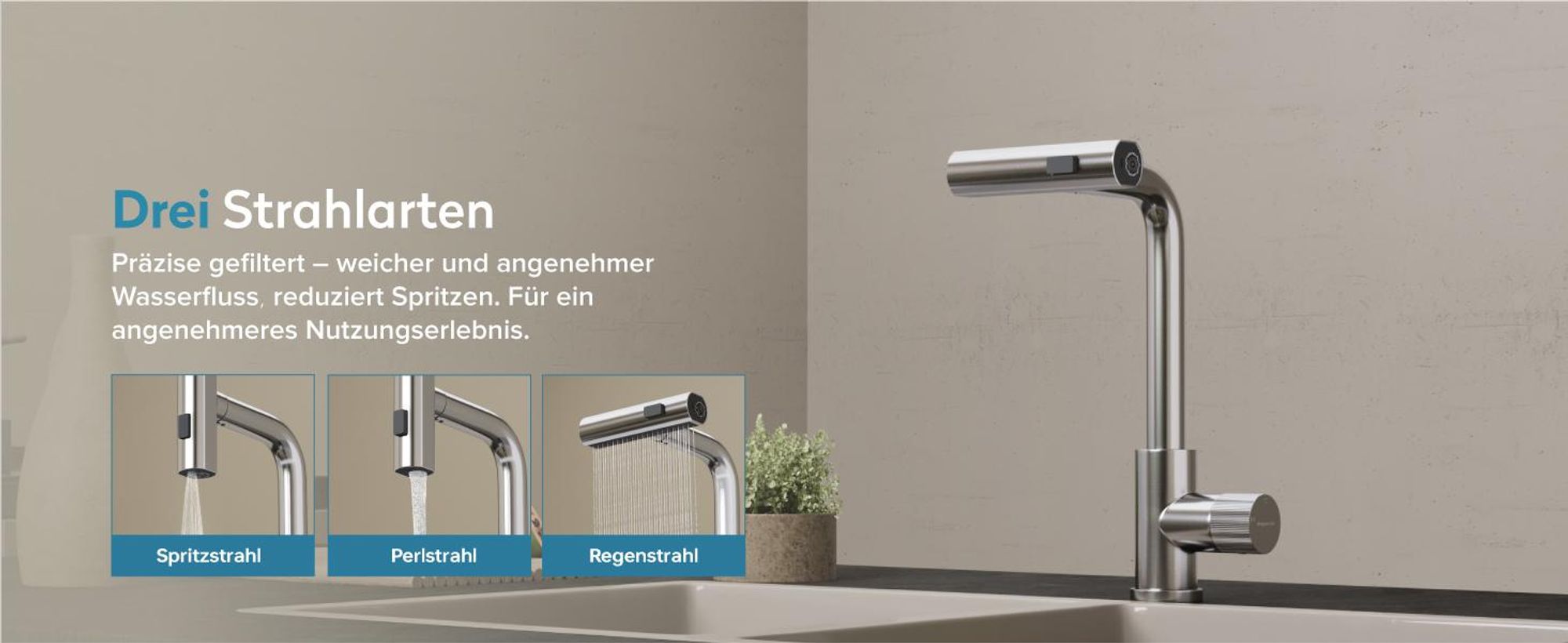 doporro Wasserfall Wasserhahn Küche Hochdruck mit 3 Strahlarten und Einhebel-Mischbatterie, ausziehbare Spültischarmatur Gebürstet silber Turnix-02