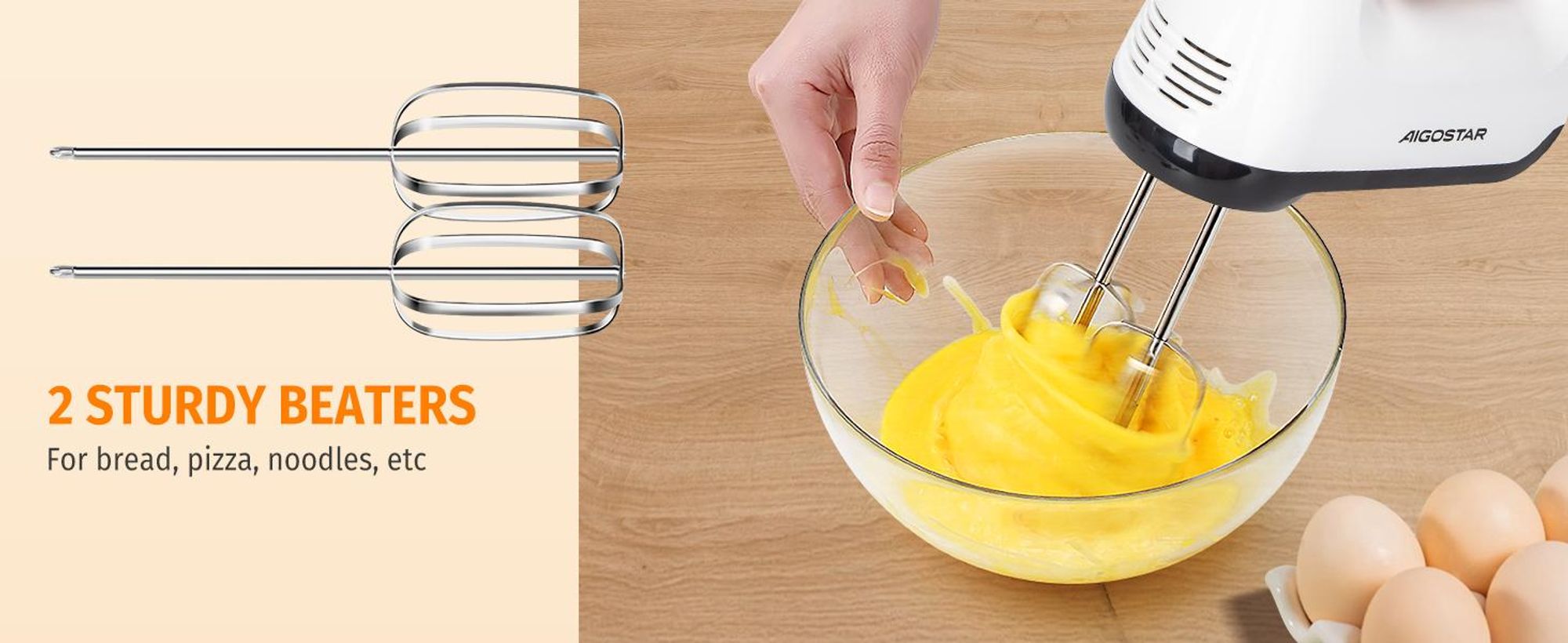 Aigostar Pudding- Handrührgerät, 6 Geschwindigkeiten Handmixer, 400W Ultra Power, Turbolader. Ausgestattet mit 2 Schneebesen, 2 Knethaken, Schneebesen und Aufbewahrungsbox, Zubehör spülmaschinenfest.