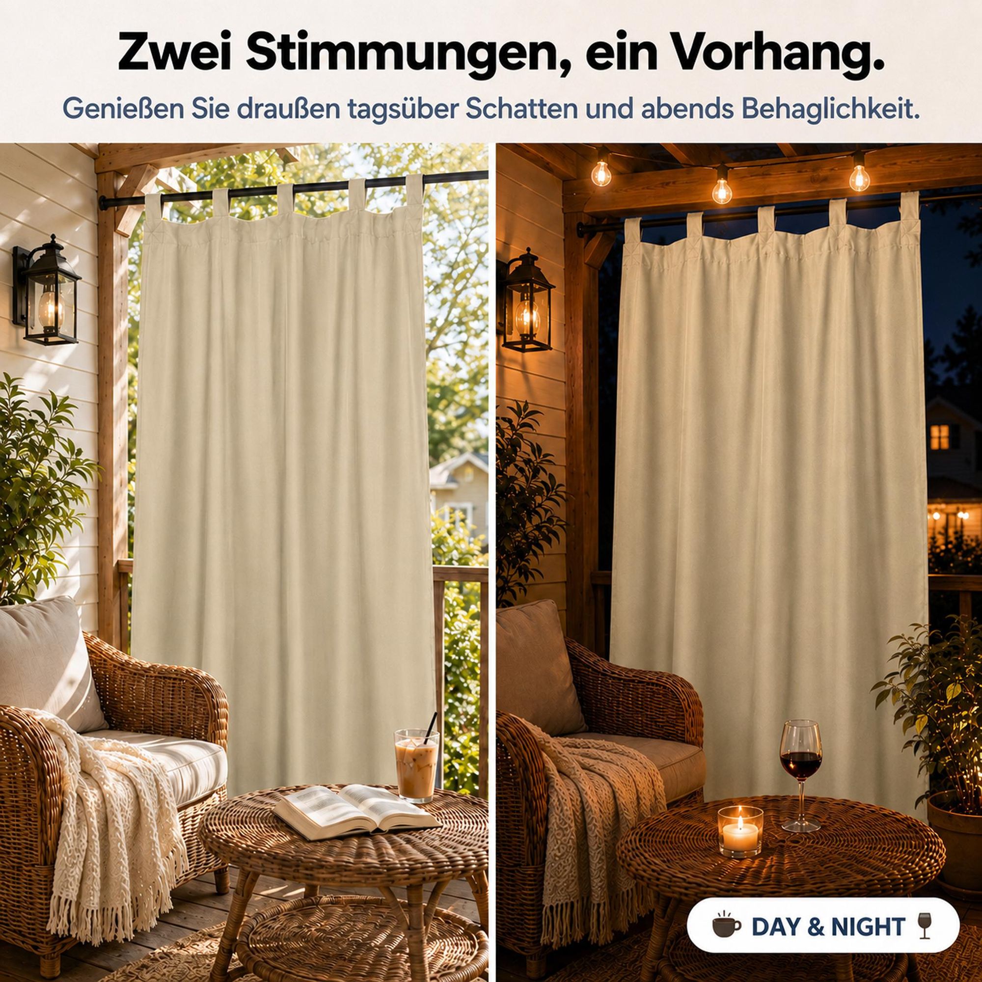2Stk Outdoor Vorhang Wasserdicht mit Klettverschluss Schlaufen - Beige Thermovorhang Blickdicht Garten Terrasse Pergola Balkon B*H: 132x213cm
