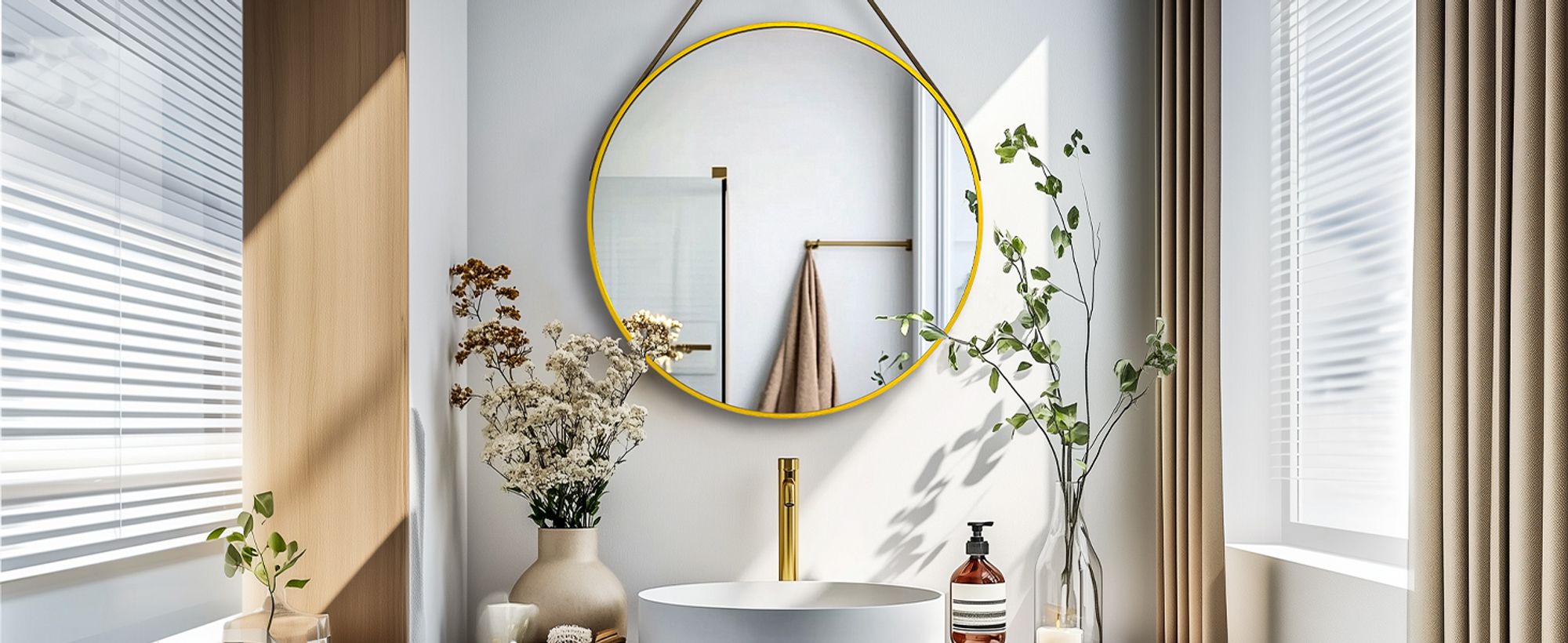 ARTLOGE Runder Badezimmerspiegel aus Aluminium Hängespiegel Wandspiegel Ø 60cm mit Lederschling Rostfrei Gold Dekospiegel Schminkspiegel