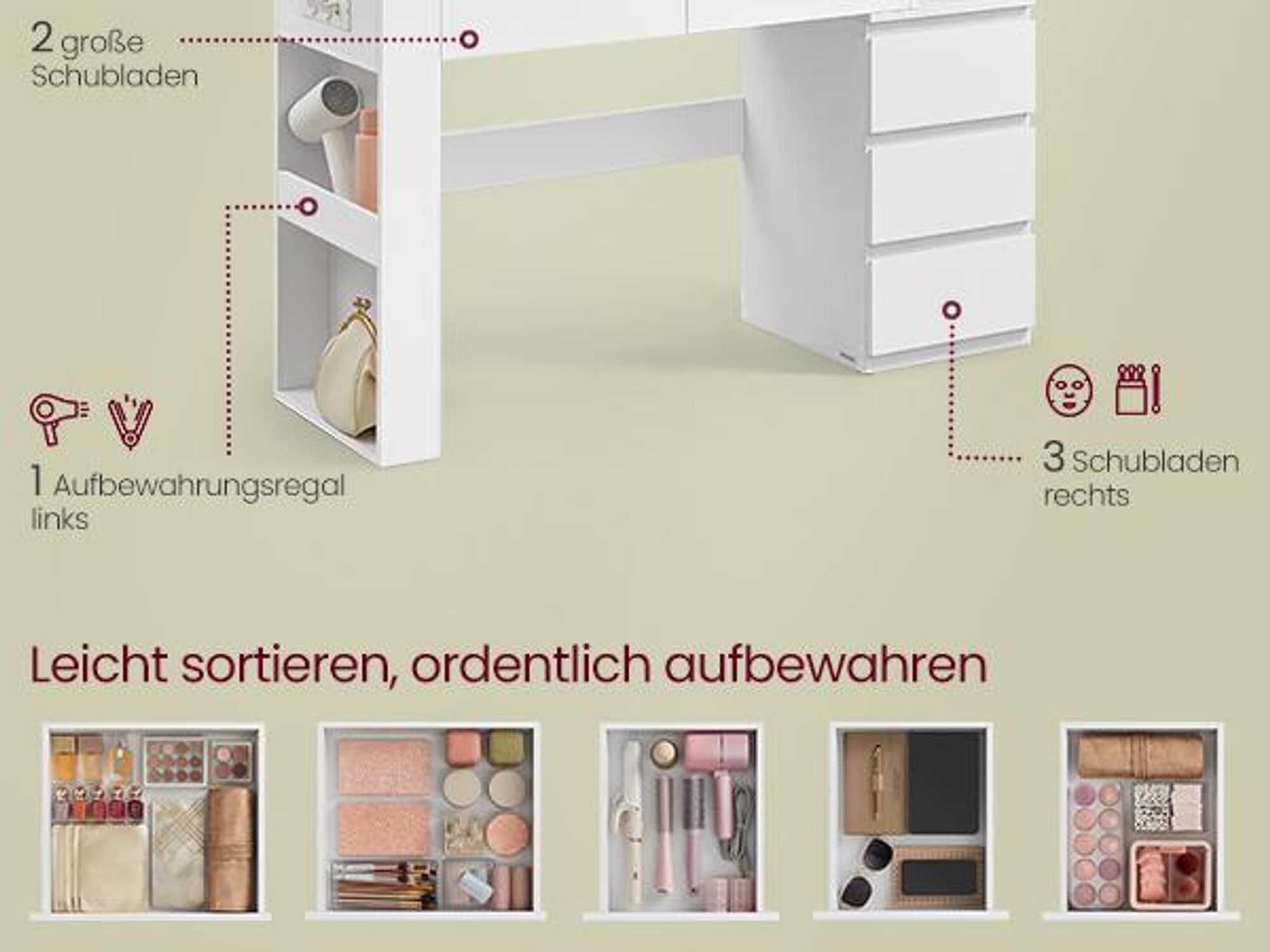 VASAGLE Schminktisch Frisiertisch mit Schubladen, Schmuckschrank, Steckdosenleiste,  LED-Beleuchtung