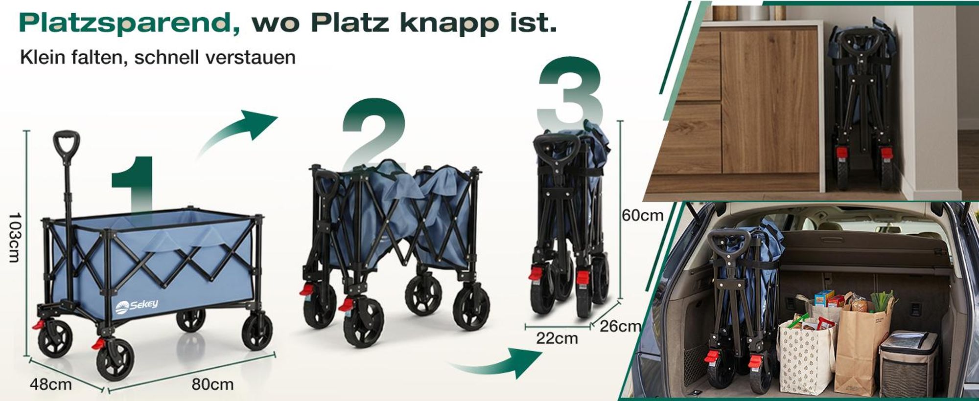 Sekey Bollerwagen faltbar 150 kg mit Bremsen, klappbarer Handwagen für Garten und Ausflug, Blau