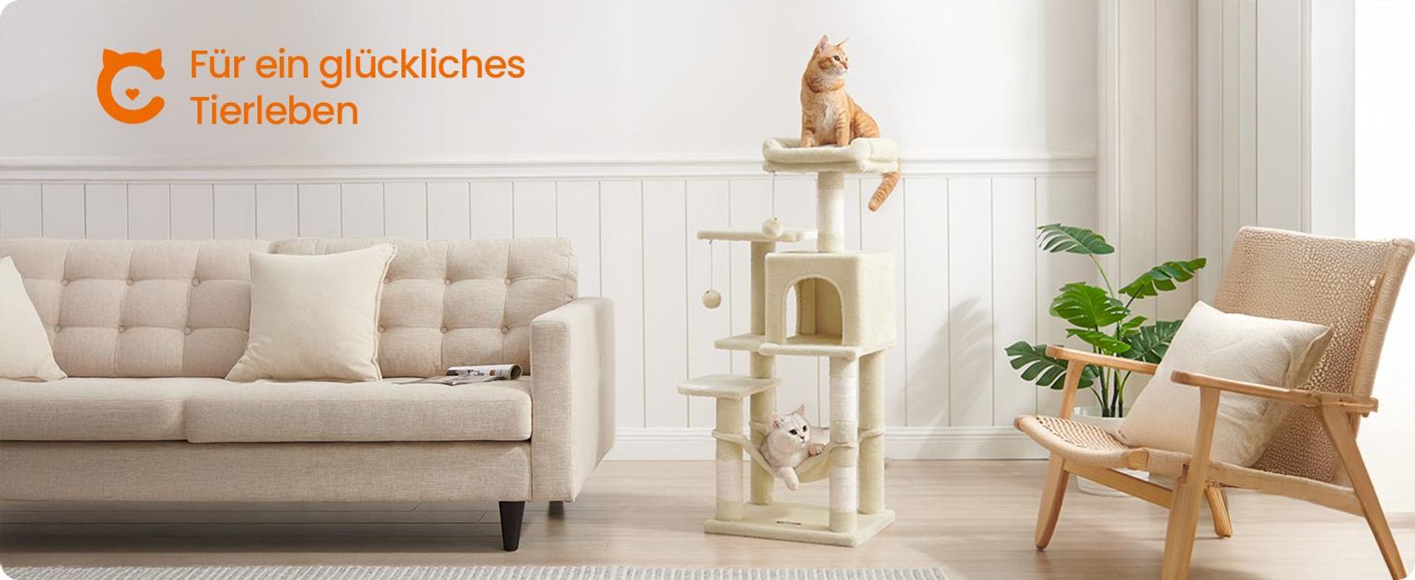 FEANDREA Kratzbaum, 112 cm, Katzenbaum mit Hängematte, mehrstöckiges Katzenhaus, Beige