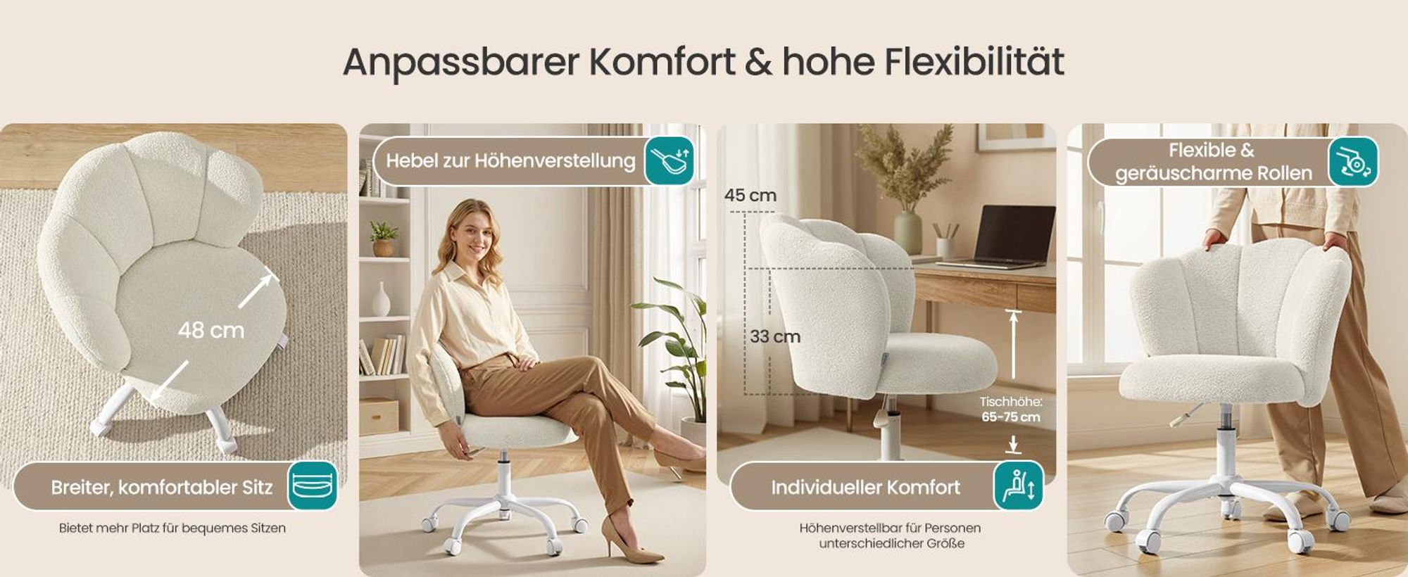 SONGMICS Drehbarer Schminktischstuhl, höhenverstellbarer Polsterstuhl mit Blütenblatt-Rückenlehne, Fleece, bis 110 kg, weiß