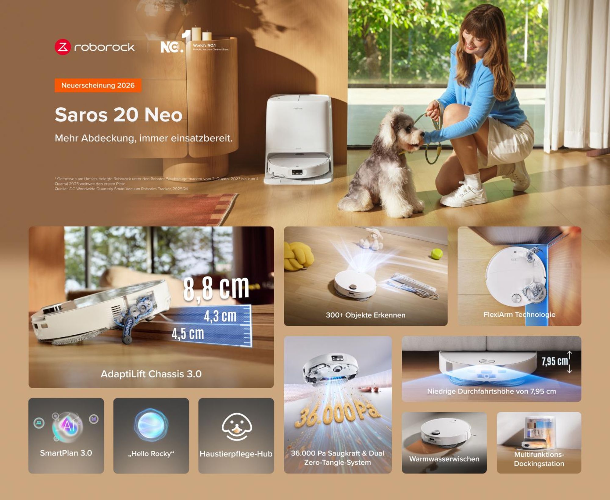 Roborock Saros 20 Neo Set Saugroboter mit Wischfunktion, 36.000 Pa, Dual Zero-Tangle-System, FlexiArm Technologie 100°C Heißwasser-Moppwäsche, Weiß