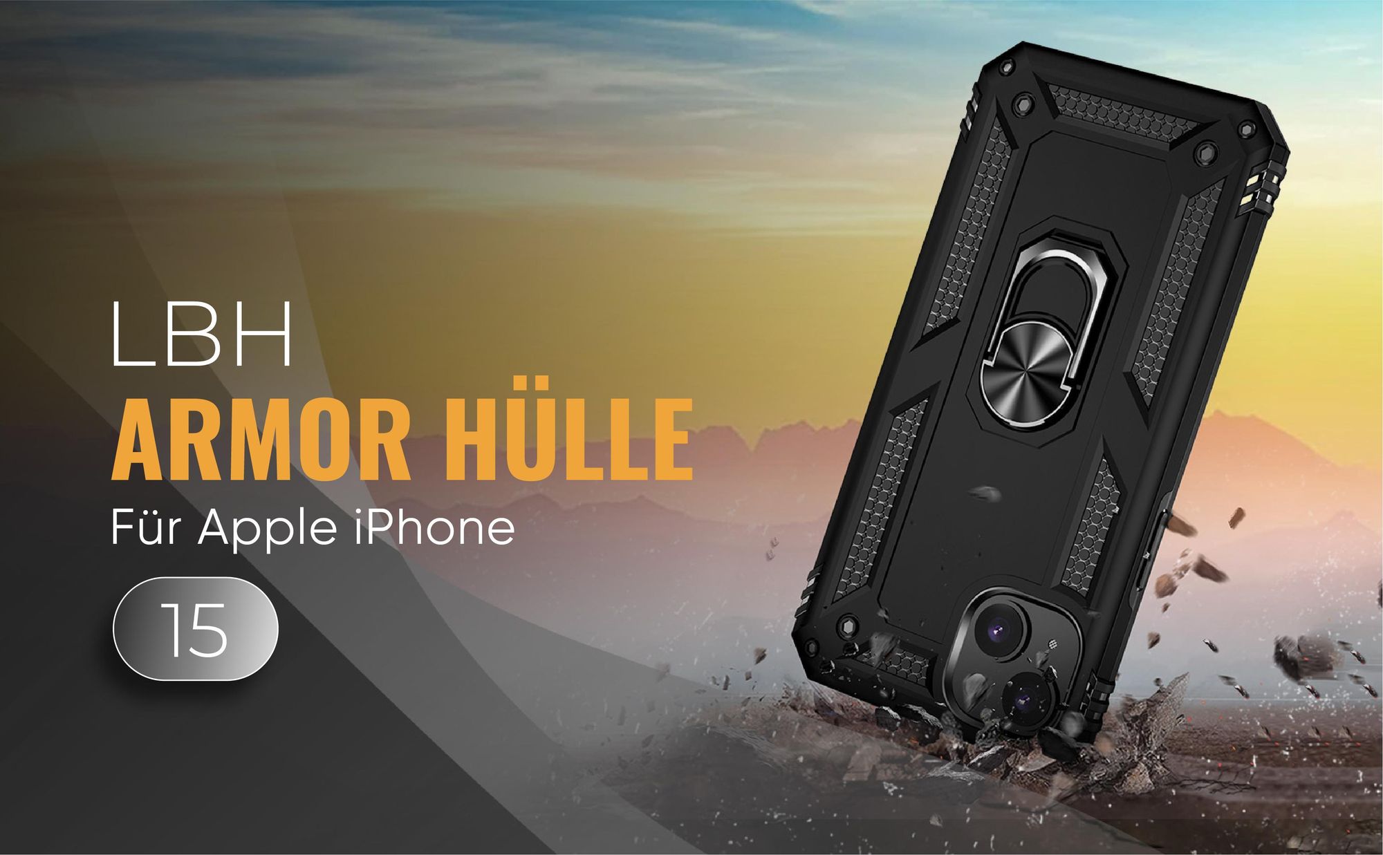 Schwarze Outdoorhülle für Apple iPhone 15