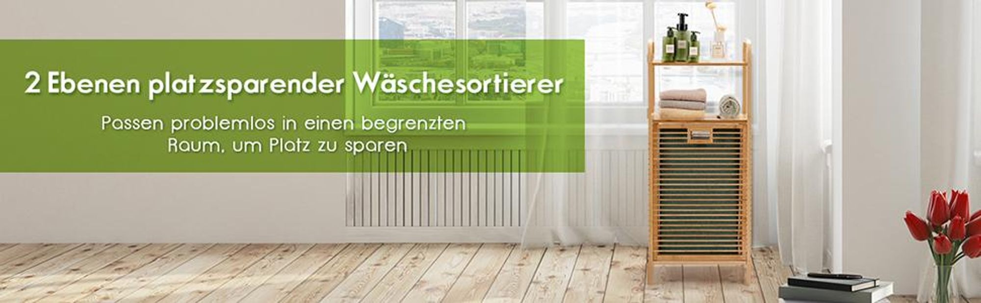 COSTWAY Badregal 40L mit Wäschekorb & ausklappbarem Wäschesack, Wäscheschrank Bambus, Badezimmerregal groß 40,5x33x95,5cm Grün