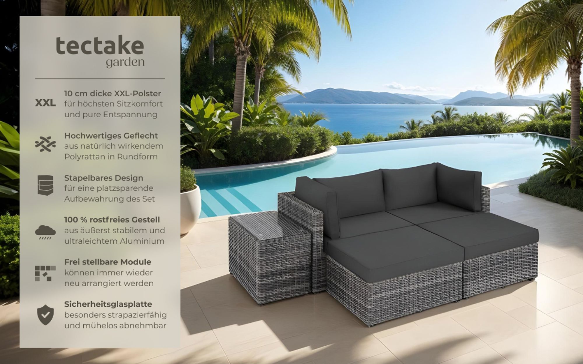 tectake® Aluminium Rattan Lounge San Domino wetterfest und UV-beständig Dicke der Sitzpolster 10 cm