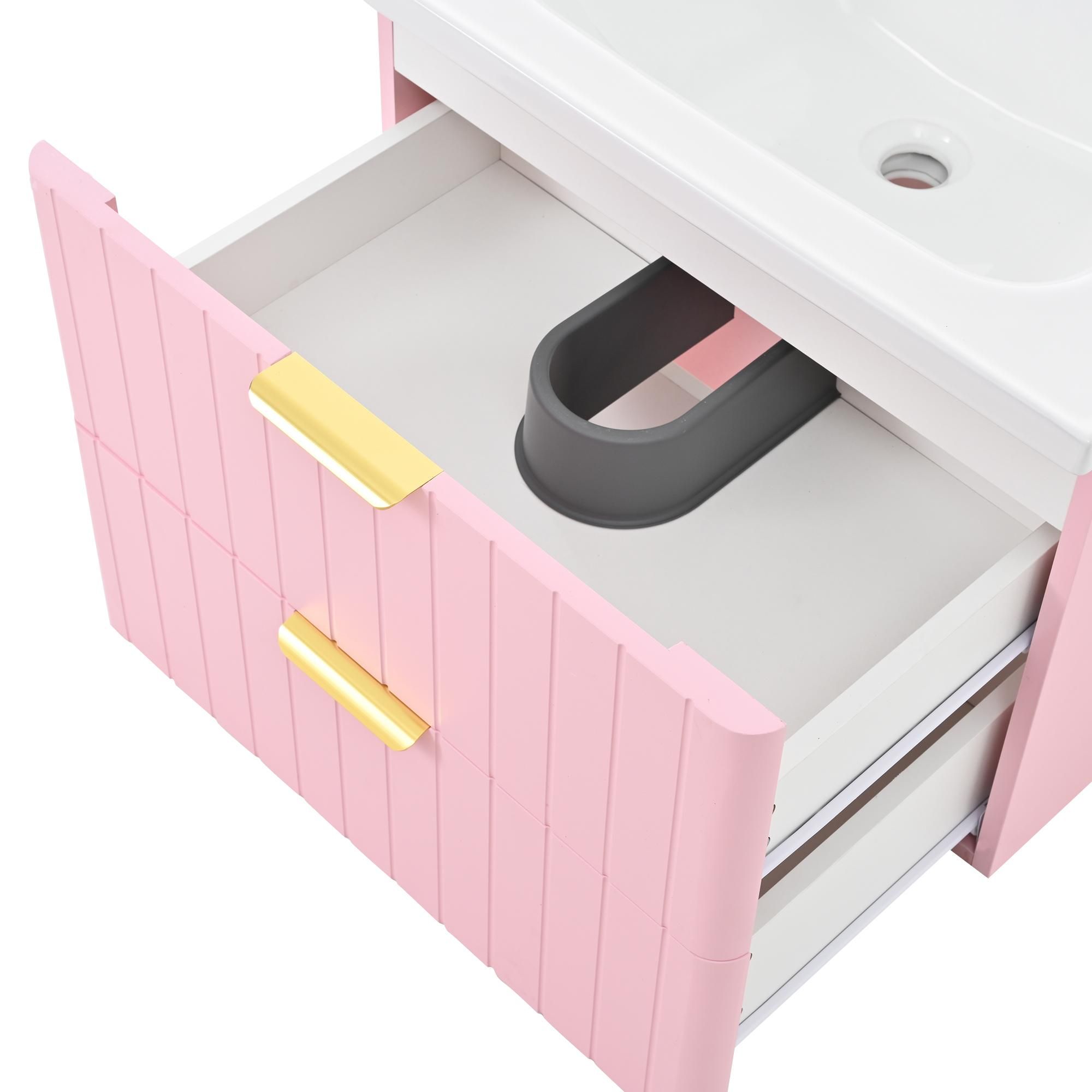 Merax Waschbeckenunterschrank hängend, mit Keramik-Waschbecken, 2 Schublade, Waschtisch, Kleiner Badezimmerschrank, 60,5x47,5x47 cm, Rosa