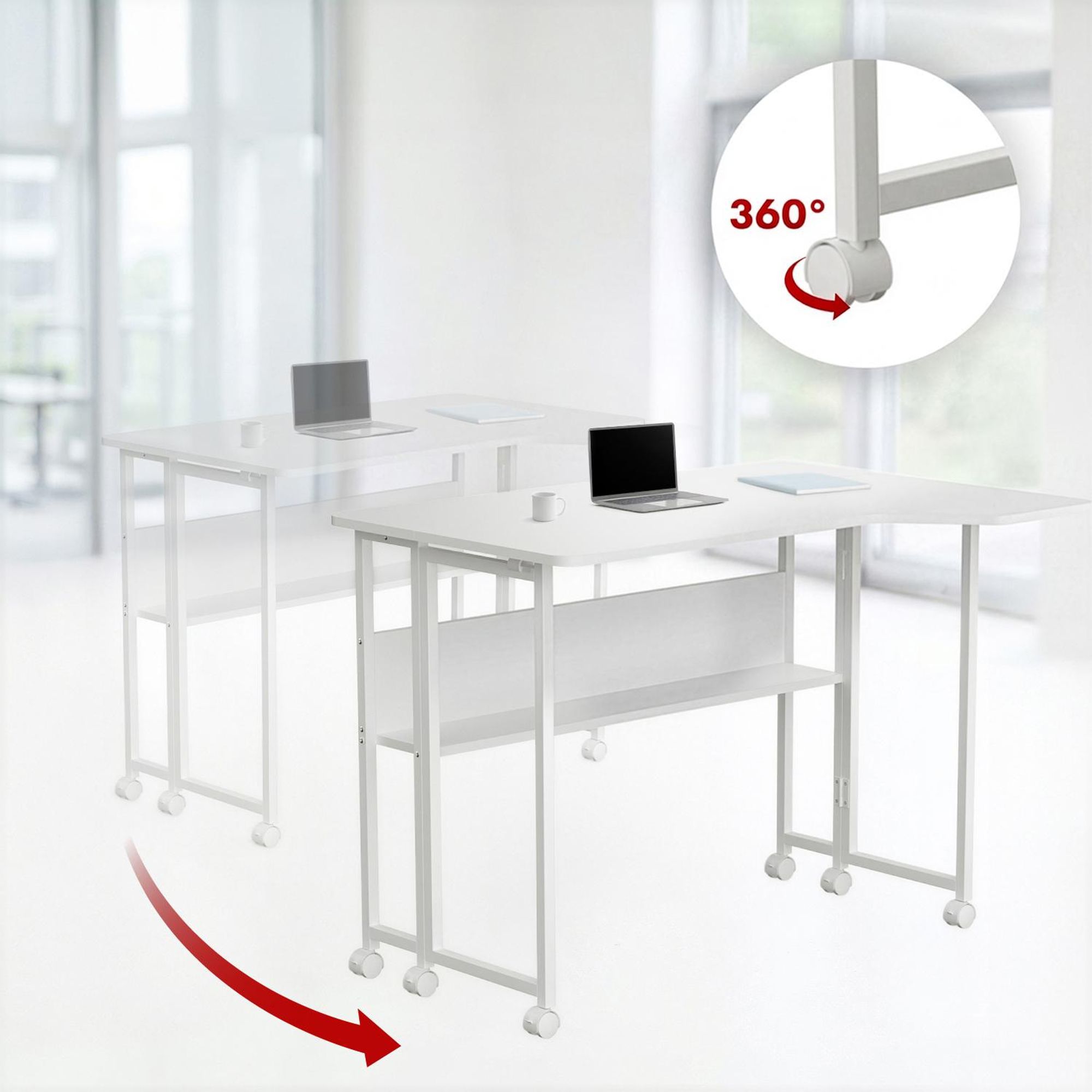 Klappschreibtisch / Beistelltisch Maclean weiß mobil 100 x 73 cm max. 50 kg eckig L-Form MC-126 L/W