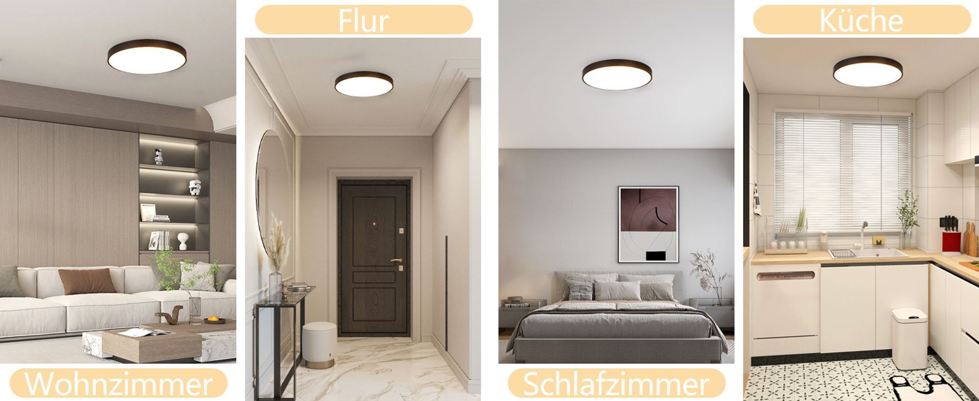 ZMH LED Deckenleuchte Schwarz Deckenlampe 17W Flach IP44 Rund Modern Flurlampe für Küche Wohnzimmer