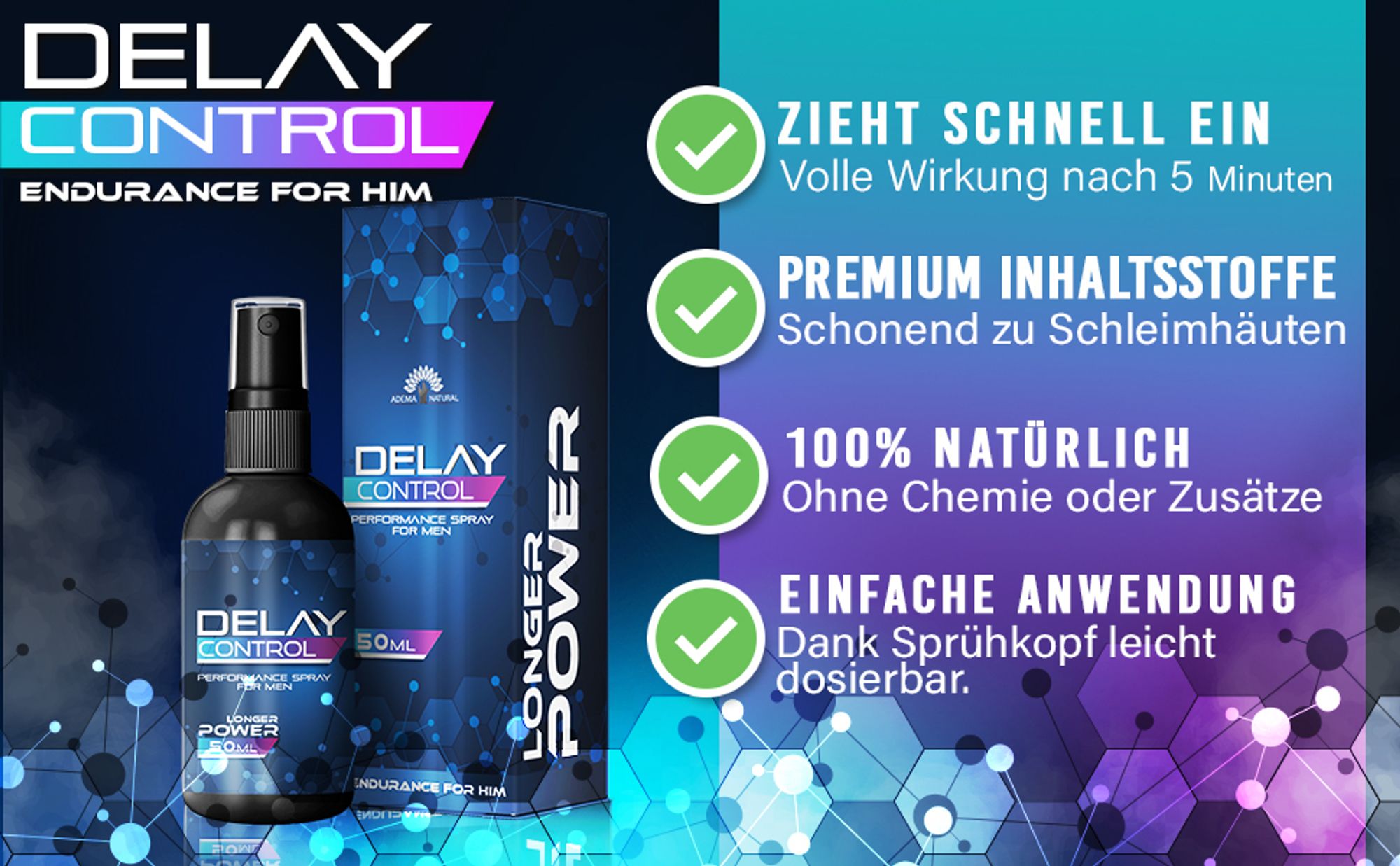 Adema Natural® Delay Control - Verzögerungsspray – mit Sofortwirkung – Delay Spray - längerer Sеx – Verzögerung der Ejakulation - mehr Potenz