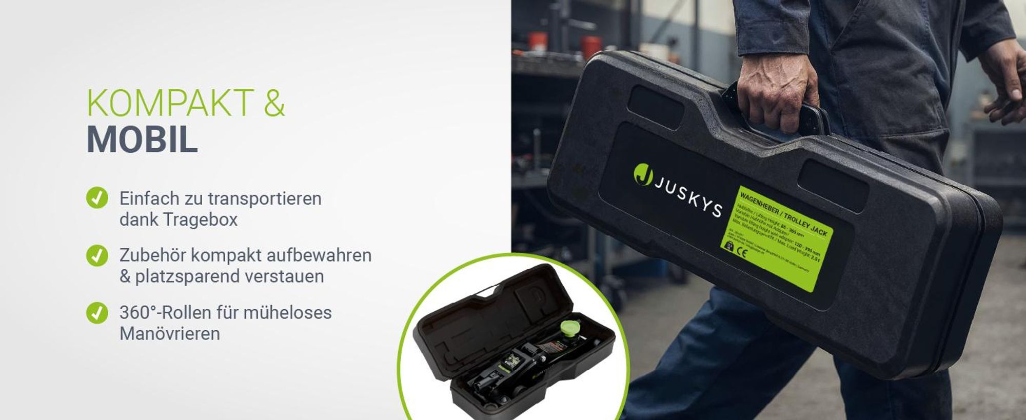 Juskys Wagenheber 2,5 t, hydraulisch mit Transportbox & Zubehör – Schwarz/Grün