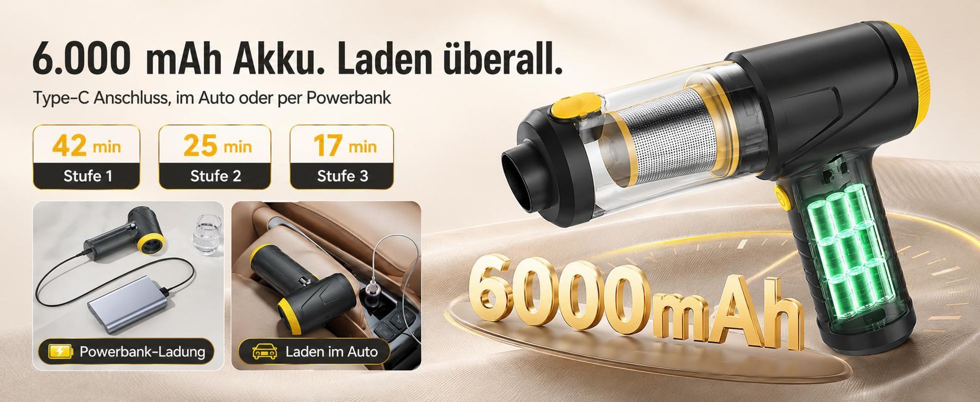 4-in-1 Auto Staubsauger, 18000 pa Akku Handstaubsauger mit LED-Licht, Digitalem Display, Ultra-leiser, 3 Modi, Tragbar für Auto, Haushalt, Tierhaare