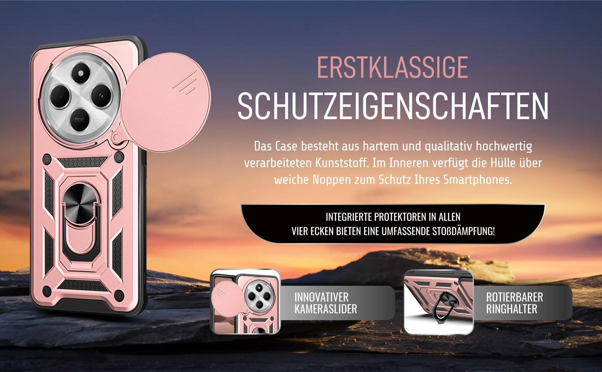 Handycase in Rosegold für Xiaomi Redmi 14C mit Ringhalter