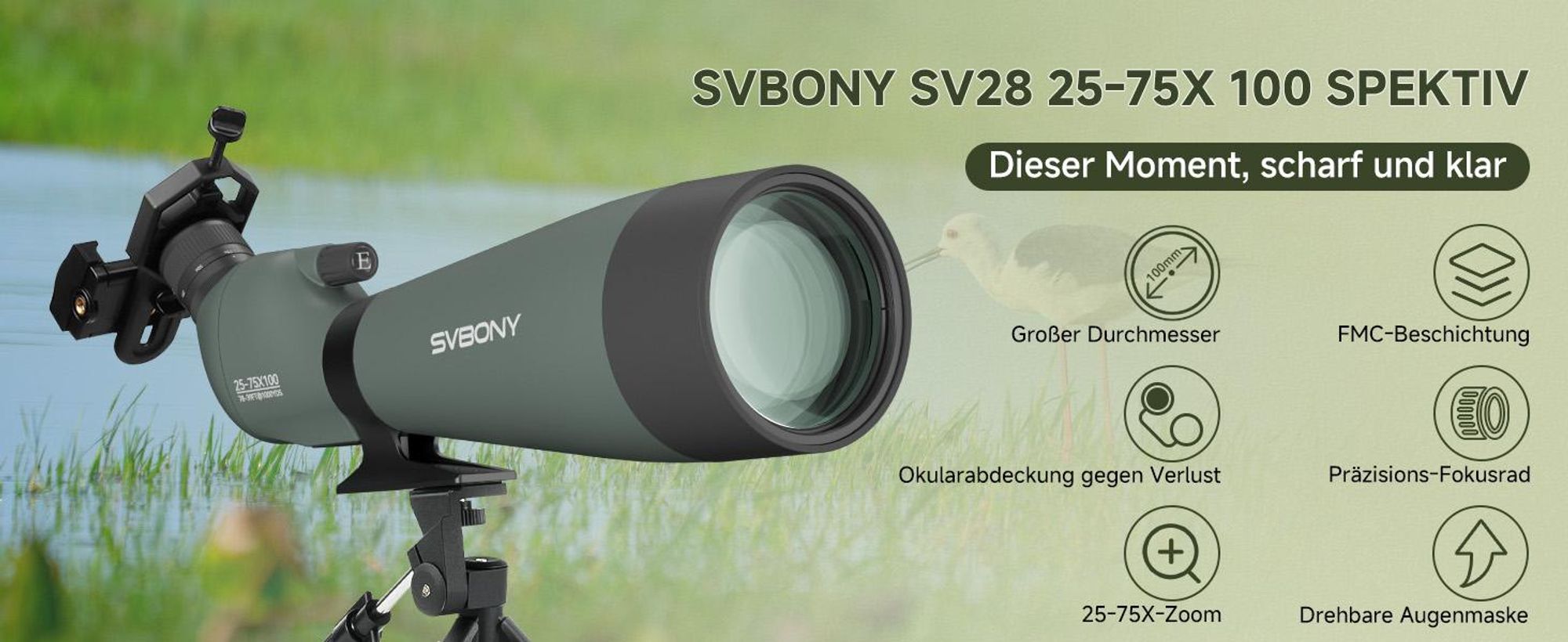 Svbony SV28A Spektiv 100mm, mit Upgrade-Stativ, HD BAK4 Porro Prisma FMC, Aluminium-Telefonadapter, Tragetasche für Sportschützen