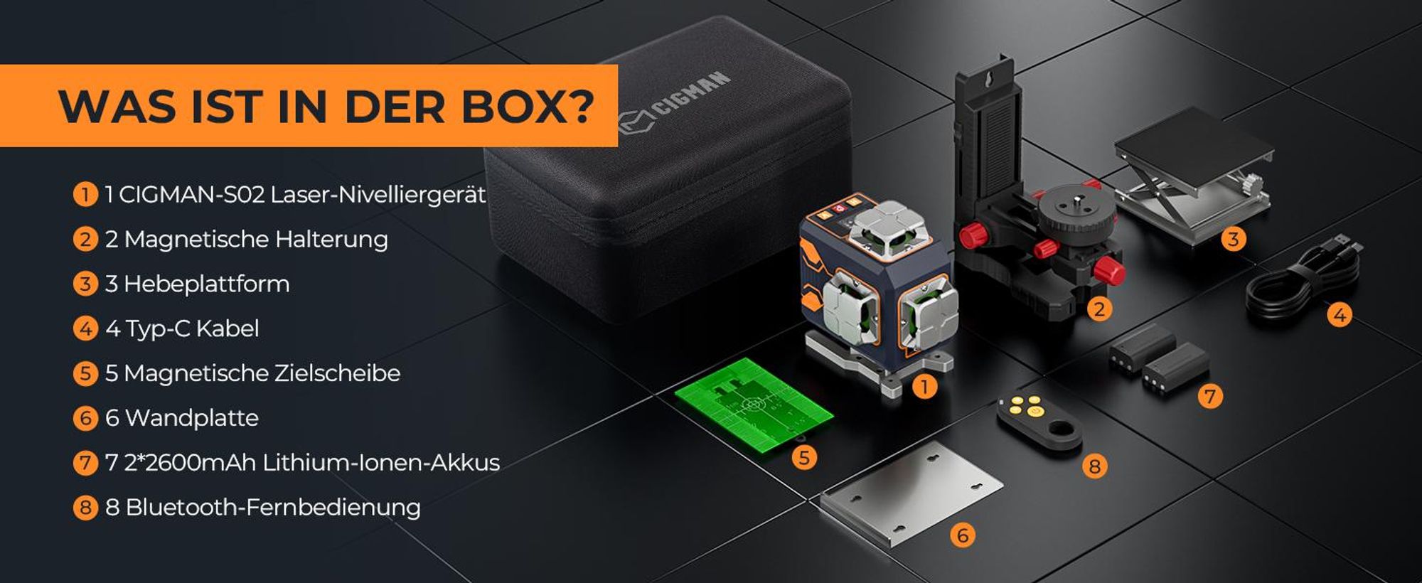 CIGMAN CMS02 Křížový Laser 4×360° Zelený s App, LCD a 2 Akumulátory