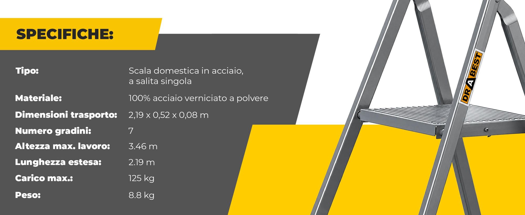 DRABEST | scala in acciaio, scala per uso domestico, scala a 7 gradini, scaletta pieghevole, in acciaio, universale, fino a 125 kg