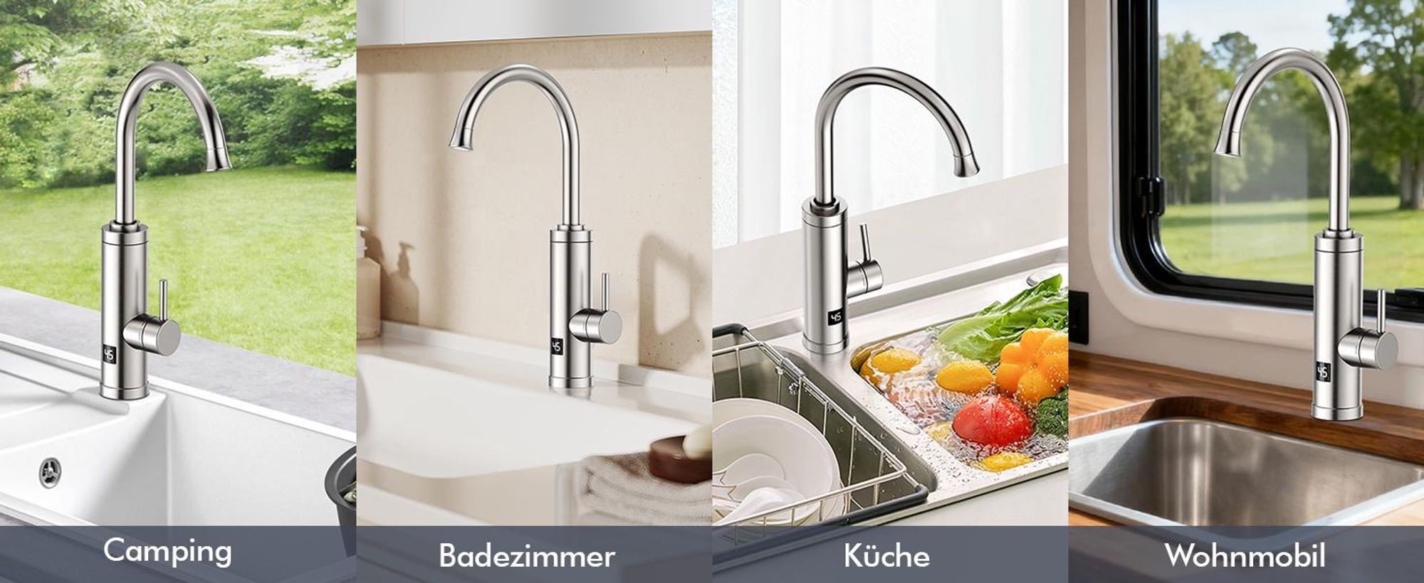 Homelody Elektrischer Wasserhahn mit Durchlauferhitzer, 230V 3300W Elektrischer Küchenarmatur mit LED Temperaturanzeige 360° Drehung SUS304 Edelstahl