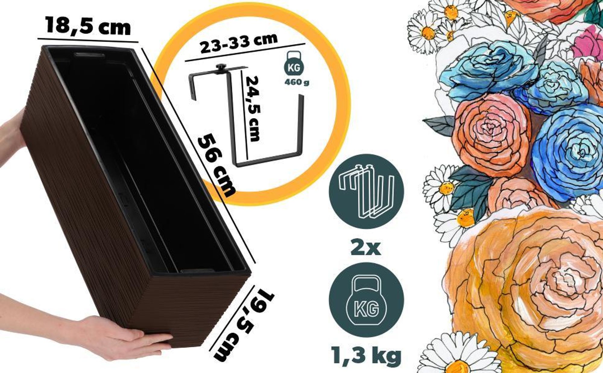 KADAX Blumentopf mit Einsatz "Treviso", 56 cm, Mit Halterungen, Ritzmuster, Mokka