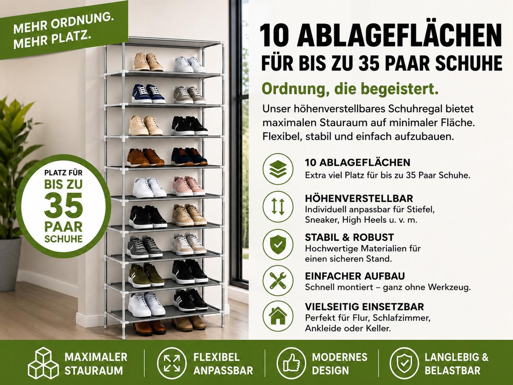 Schuhregal Schuhschrank Schuhständer 55x27x155cm Metall Höhenverstellbar bis 35 Paar Schuhe Aufbewahrungssystem YaLiva Decor