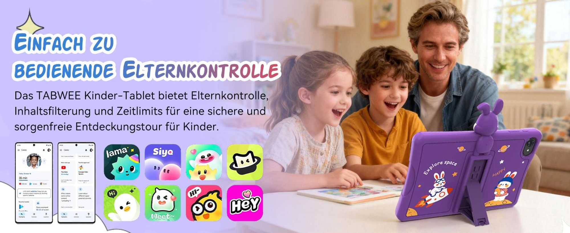 Tabwee K10, 10.1" Kinder Tablet, 4GB+128GB, Android 16, WiFi Tablet für Kinder, mit Schutzhülle und Stift, 5000 mAh, Google Kids Space