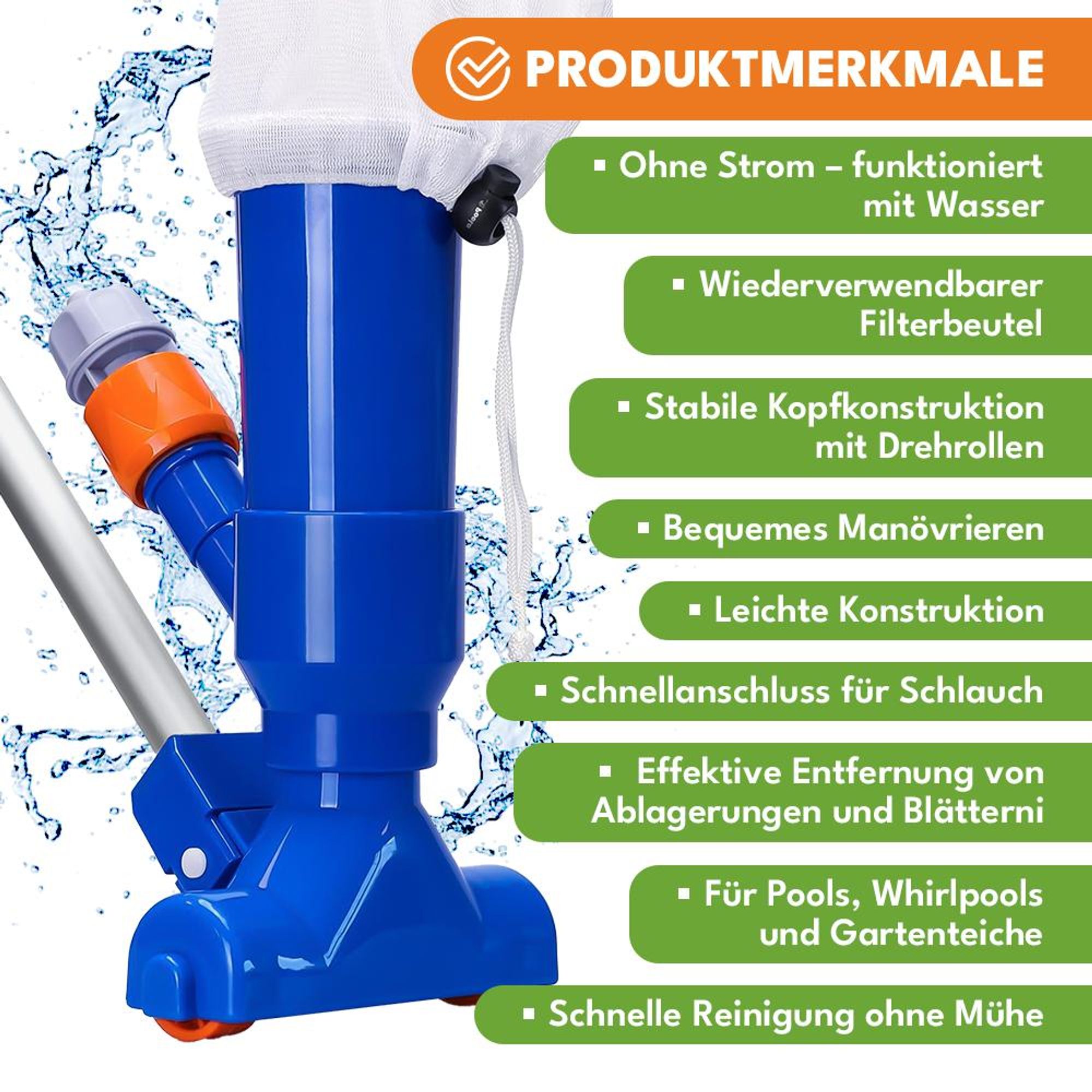 KRUMAD Poolsauger mit Filterbeutel und Teleskopstange – Ohne Strom – Poolreiniger für Pool, Teich und Whirlpool – Manuelles Poolzubehör