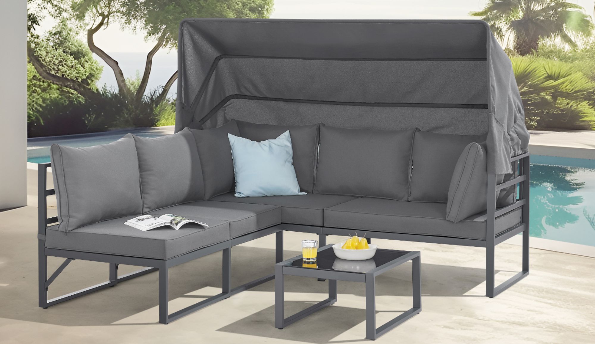 SVITA MAUI Gartenmöbel-Lounge-Set mit Dach Outdoor-Sofa Strandkorb-Sonneninsel Stahl Grau
