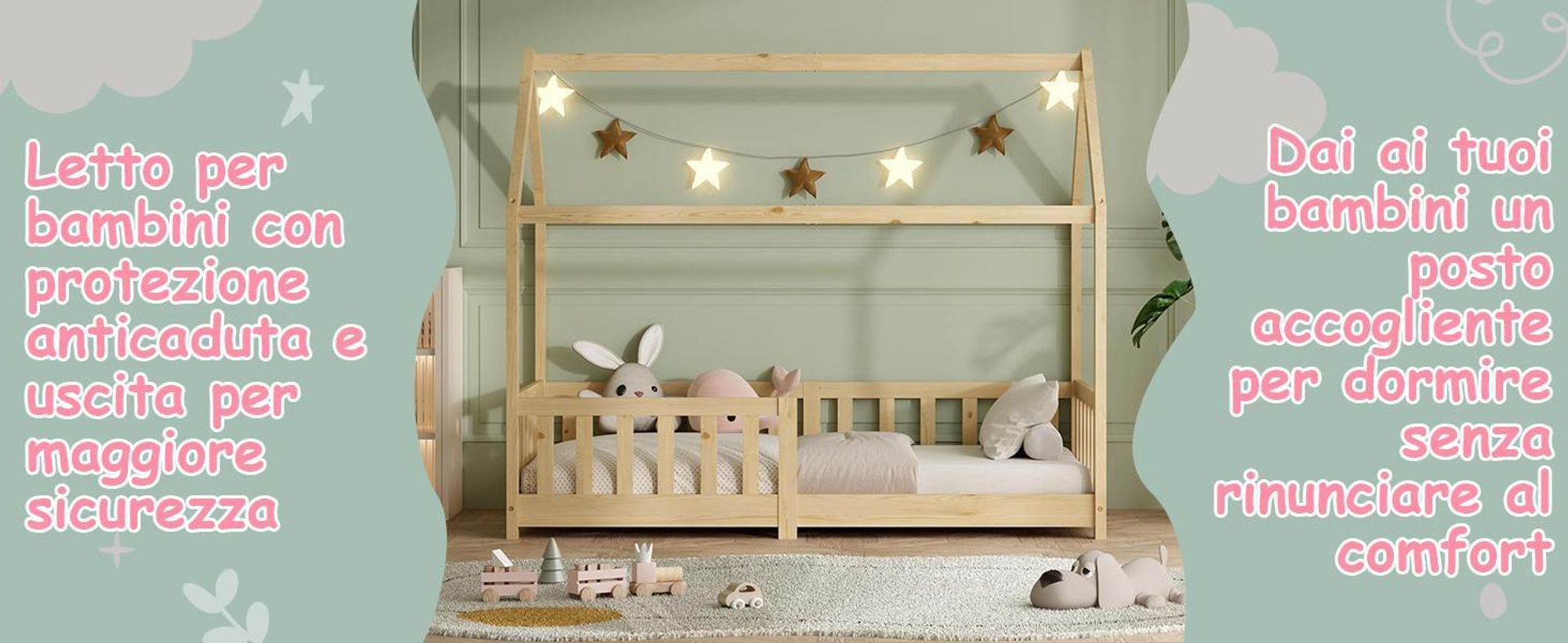 Lettino per bambini 80x160 cm con protezione anticaduta e rete a doghe, letto matrimoniale - Lettino per bambini - naturale