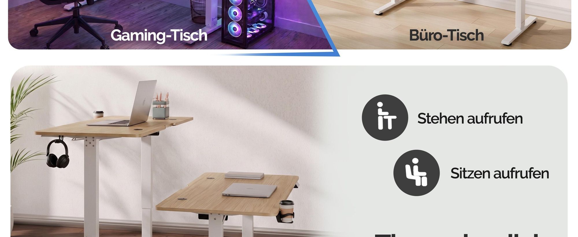 CASARIA® Höhenverstellbarer Schreibtisch 140cm Beige Gestell Tischplatte Gaming Tisch LCD Display Memoryfunktion Elektrisch mit Zubehör Computertisch Büro