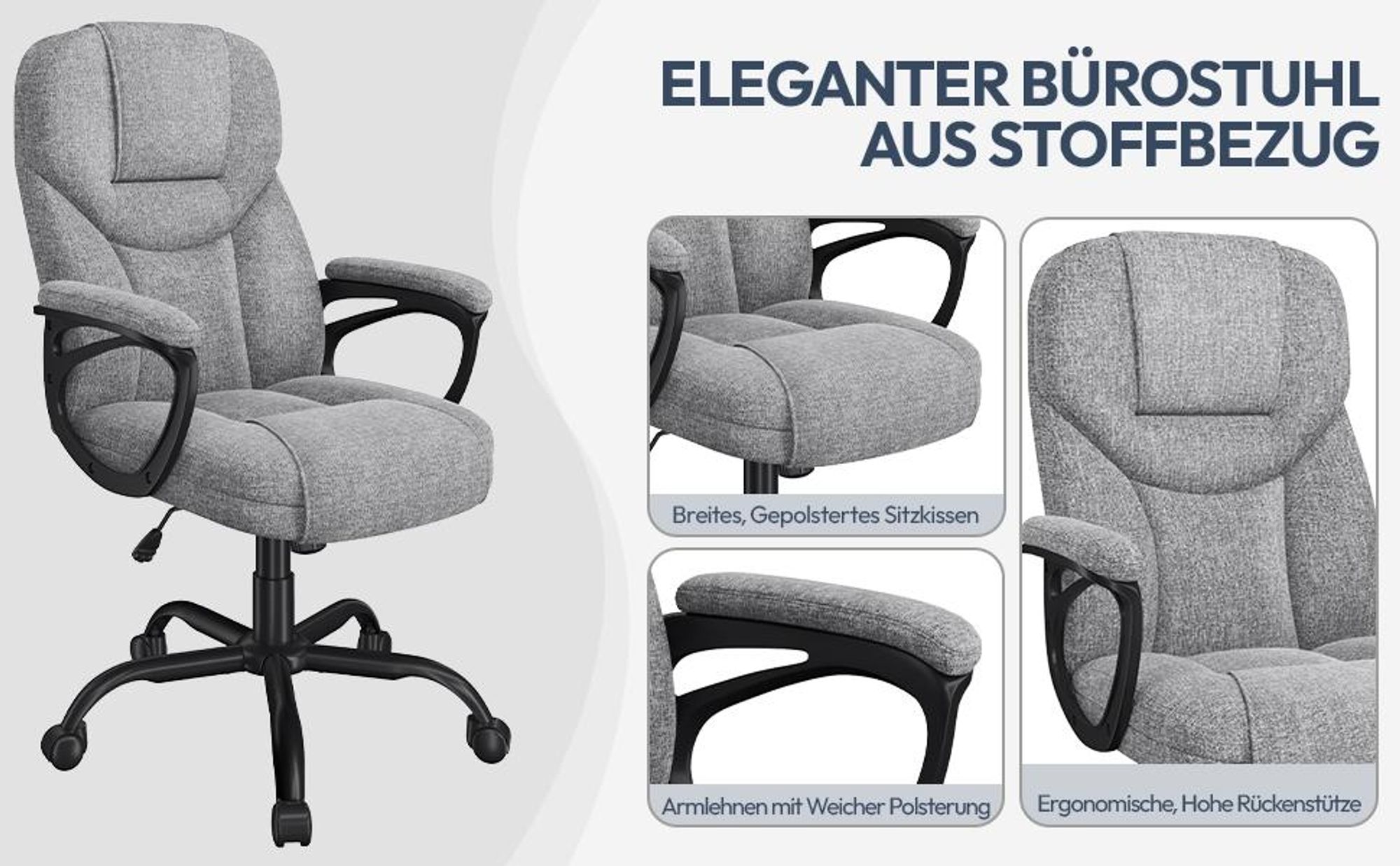 Yaheetech Bürostuhl Computerstuhl, ergonomischer Drehstuhl, bis 136 kg, höhenverstellbar, Wippfunktion, Grau