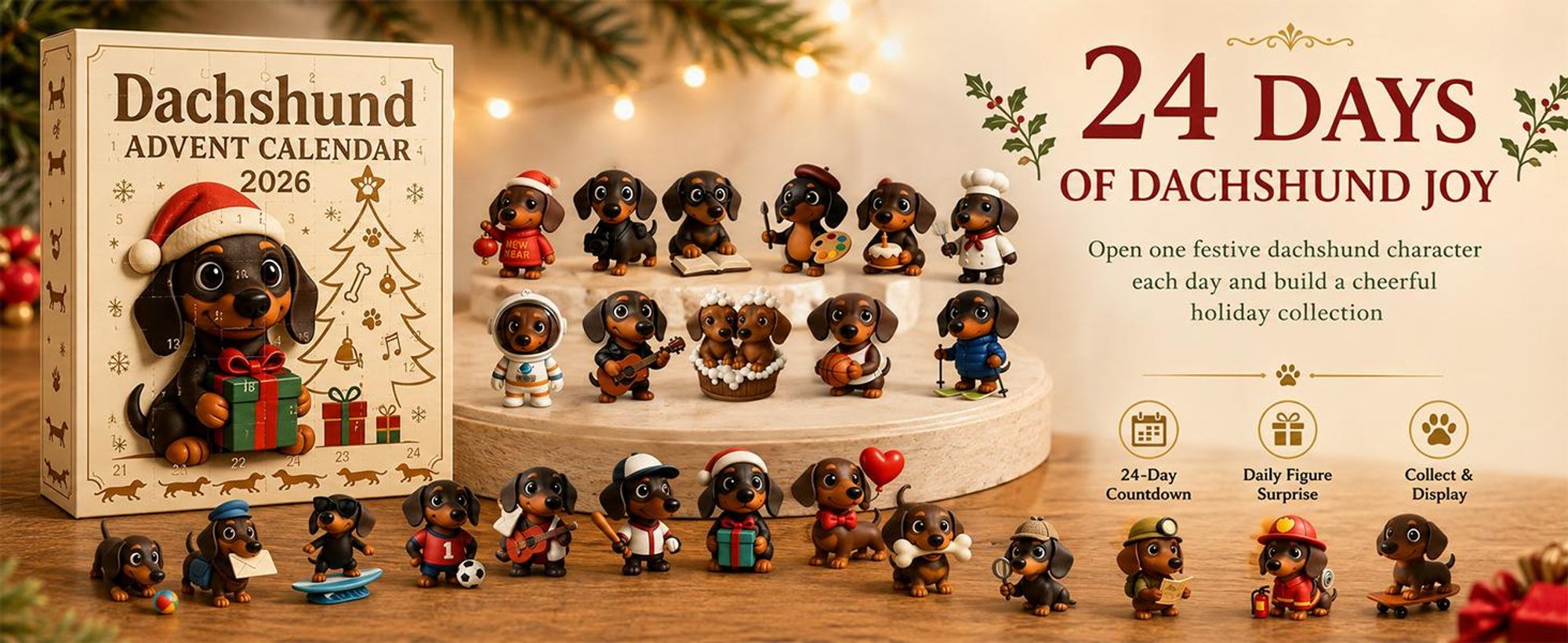 3D Dackel Adventskalender 2026 – 24 Figuren zum Sammeln, Weihnachtsbaumschmuck & Tischdeko für Dackel-Fans