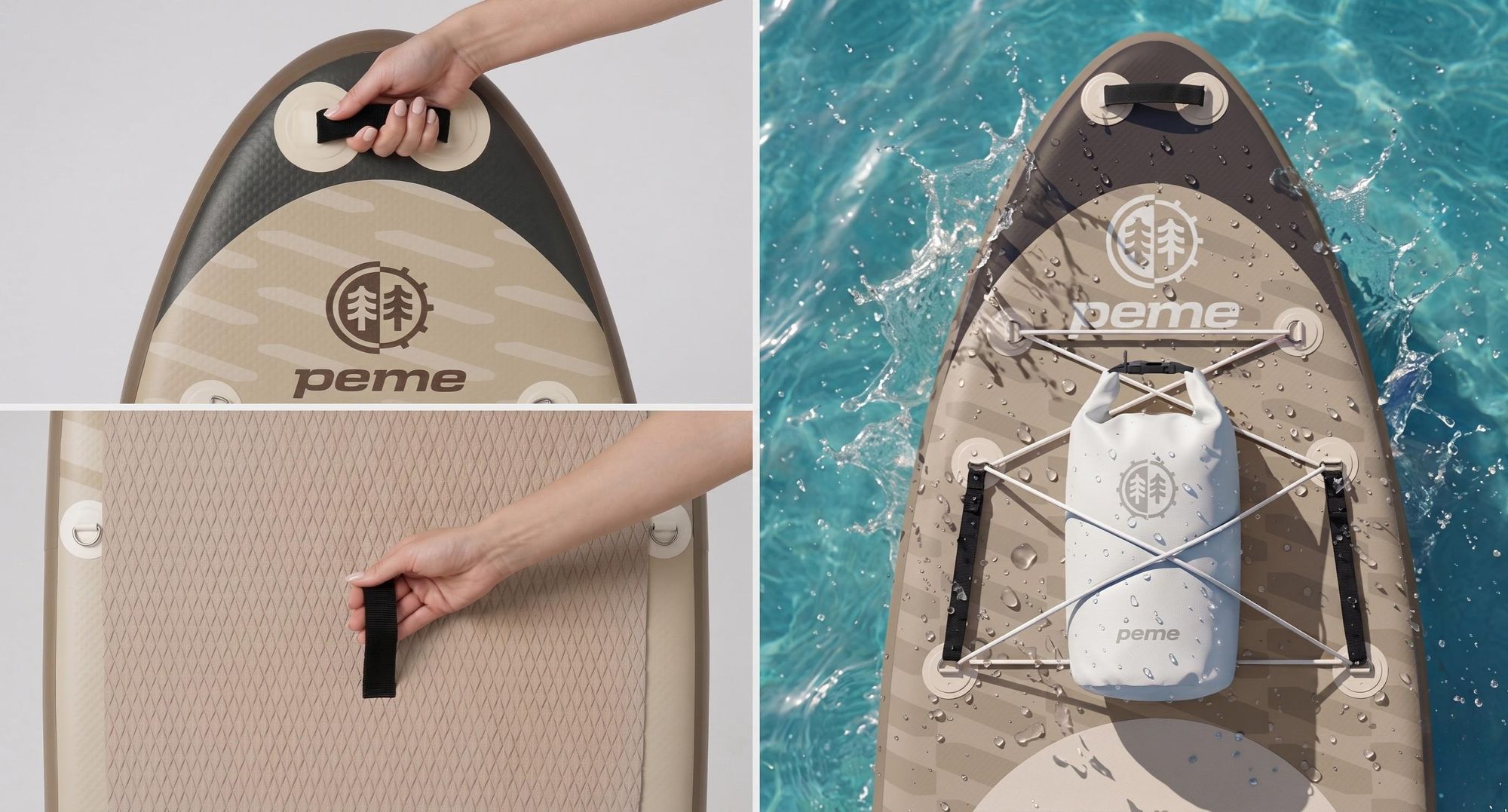 PEME Stand Up Paddle Board - Sand Storm -  350 cm - Dopple Paddel und komplette Zubehöre, SUP, Surfboard aufblasbar- Beige & Schwarz