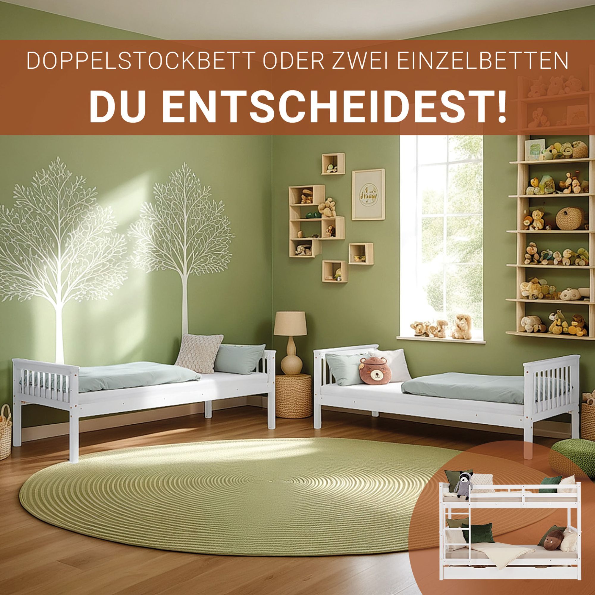 Bei Bedarf kann das Etagenbett in 2 Einzelbetten umgebaut werden.